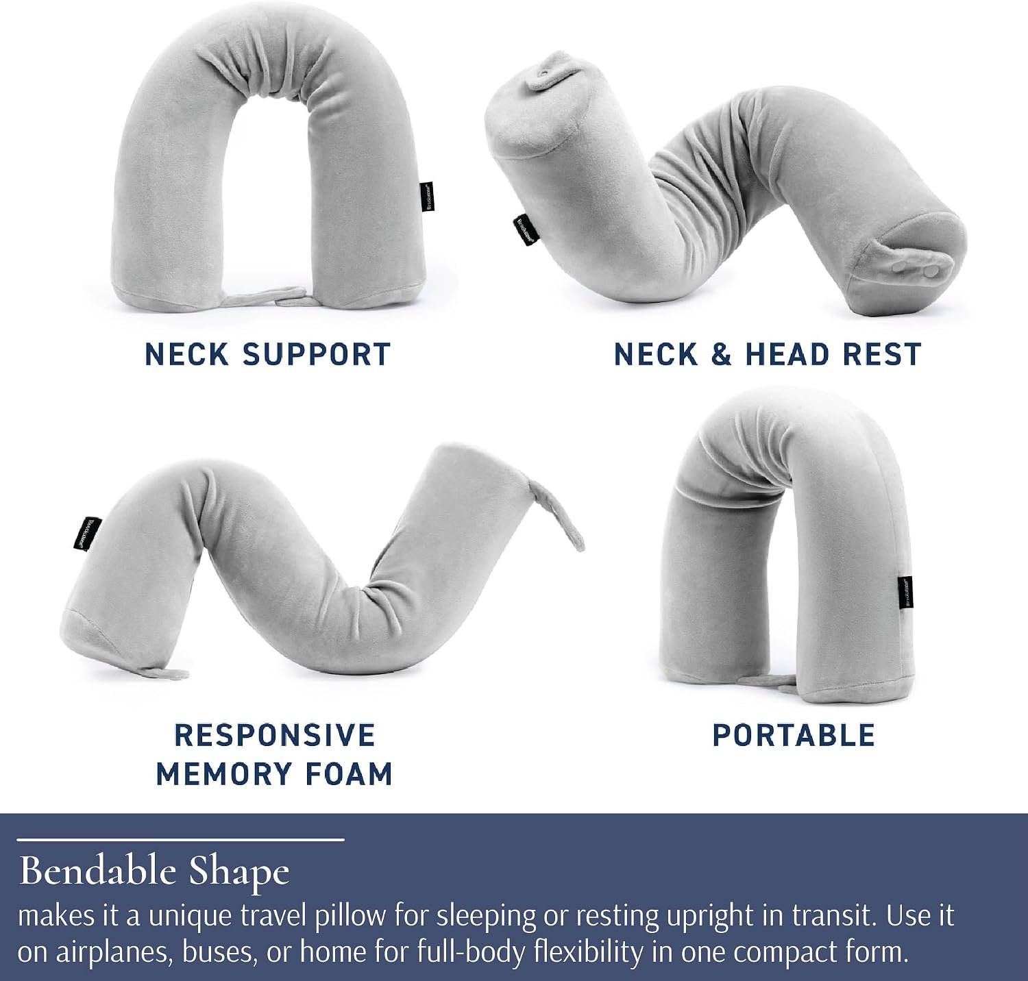 Brookstone Free Form Travel Pillow - Lightweight Flexible Memory Foam Travel Neck Pillow for Sleeping, Car, Airplane & Travel Support, Grey | Adjustable Internal Spine Shapes Into a U, Roll or Curve for Neck, Back or Side-Sleeper Support, Foldable for Any Trip - Image 5