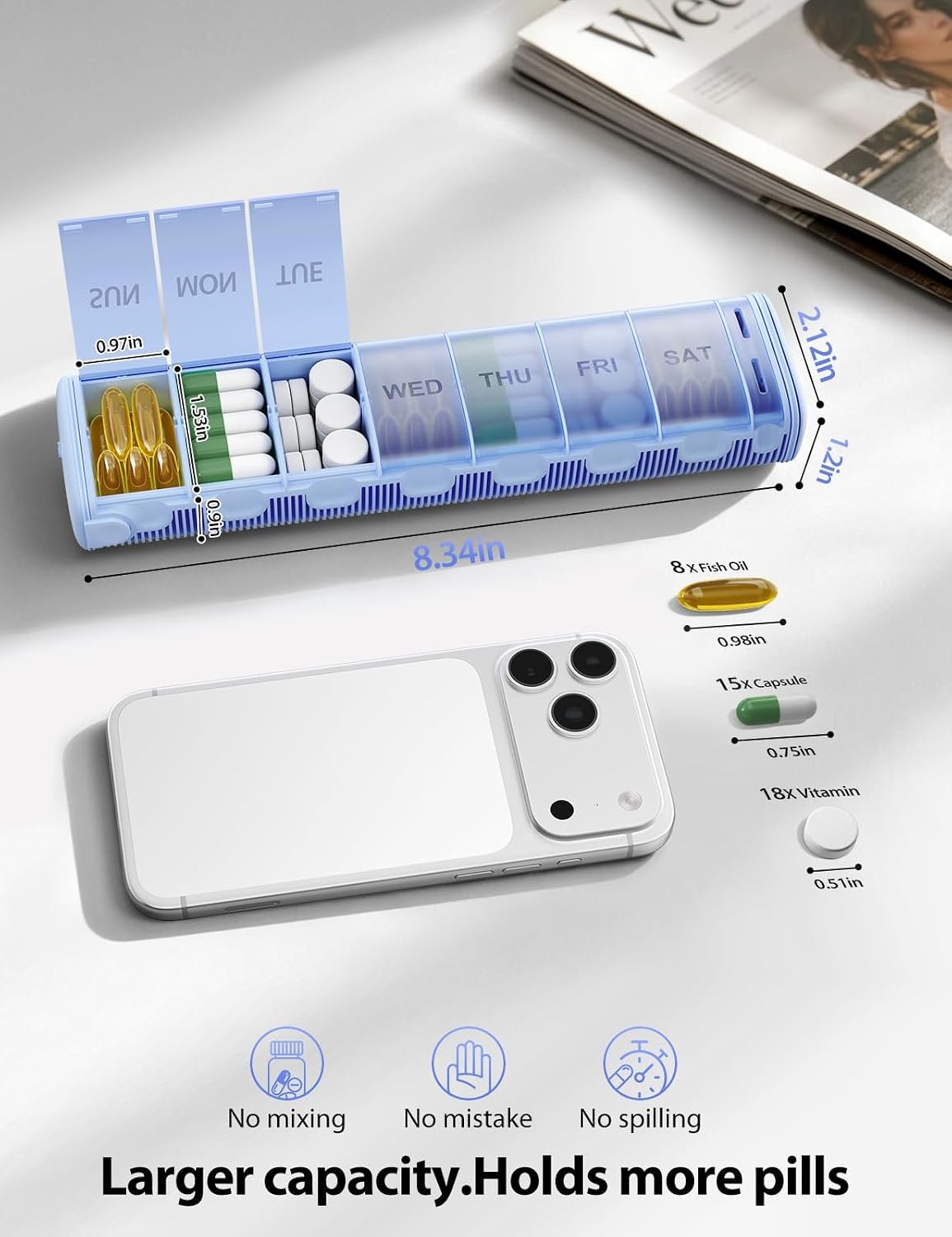 VAYDEER Metal Weekly Pill Organizer – Moisture-Proof Travel Pill Organizer with Built-in Desiccant Chamber and Airtight Lids – Large-Capacity Pill Box for Vitamins, Medicines & Supplements(Silver) - Image 4