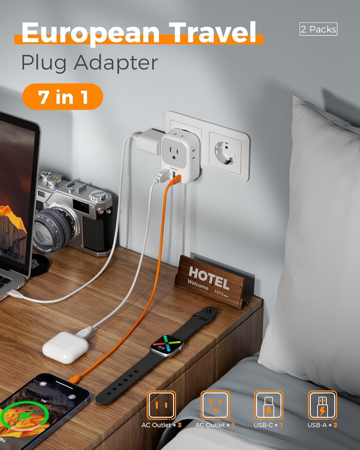 TESSAN 2 Pack European Travel Plug Adapter, Europe Power Converter | 4 Outlets 3 USB (1 USB C PD 20W), Type C International Plug, For Italy Spain France Portugal Iceland Germany - Image 3