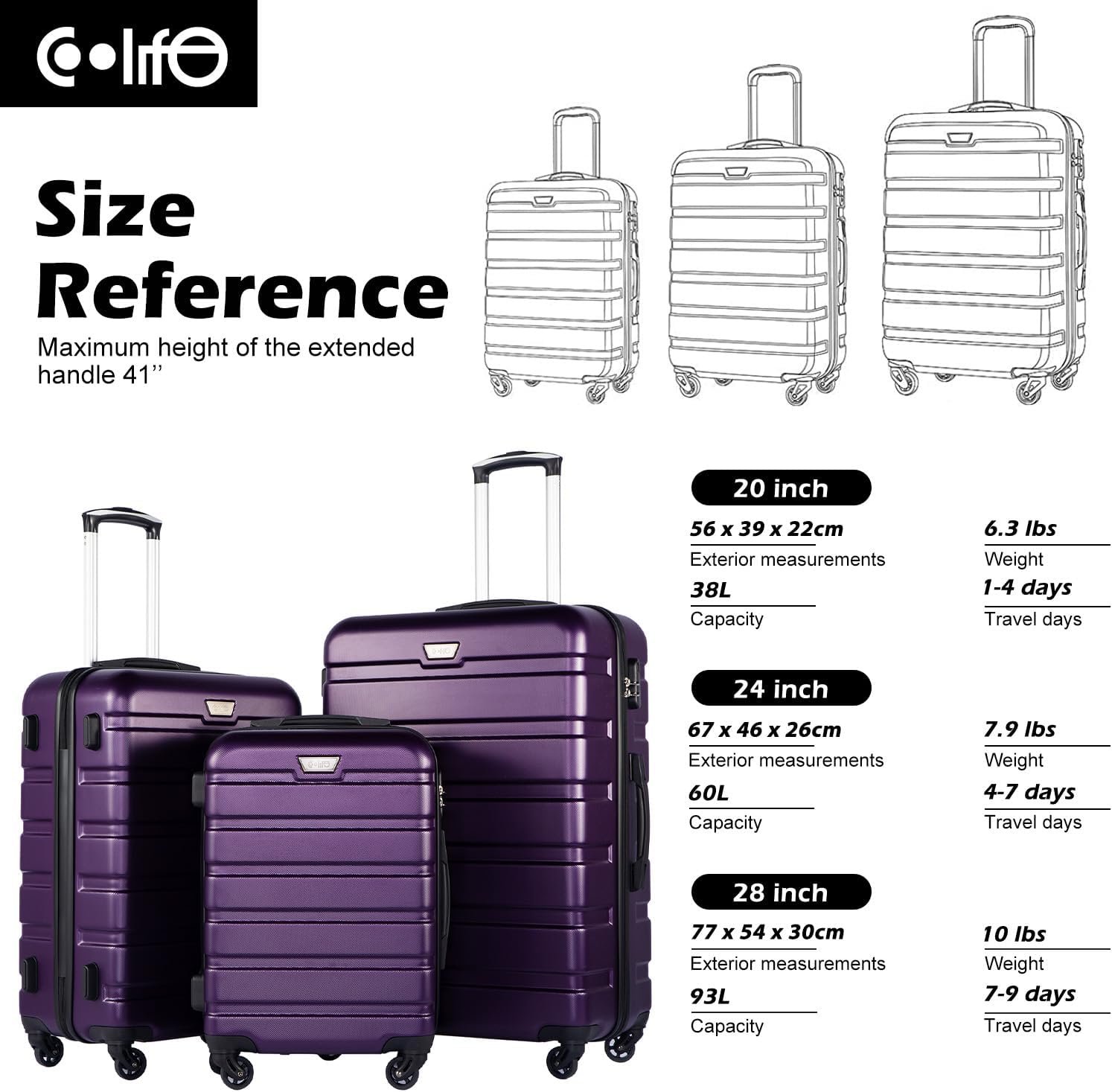 Coolife Luggage Set, Lightweight Durable Hardshell, 3 piece, Purple | suitcase set with 360° Spinner Wheels, TSA-approved Lock, Checked Family Travel, 20/24/28 Inch - Image 7