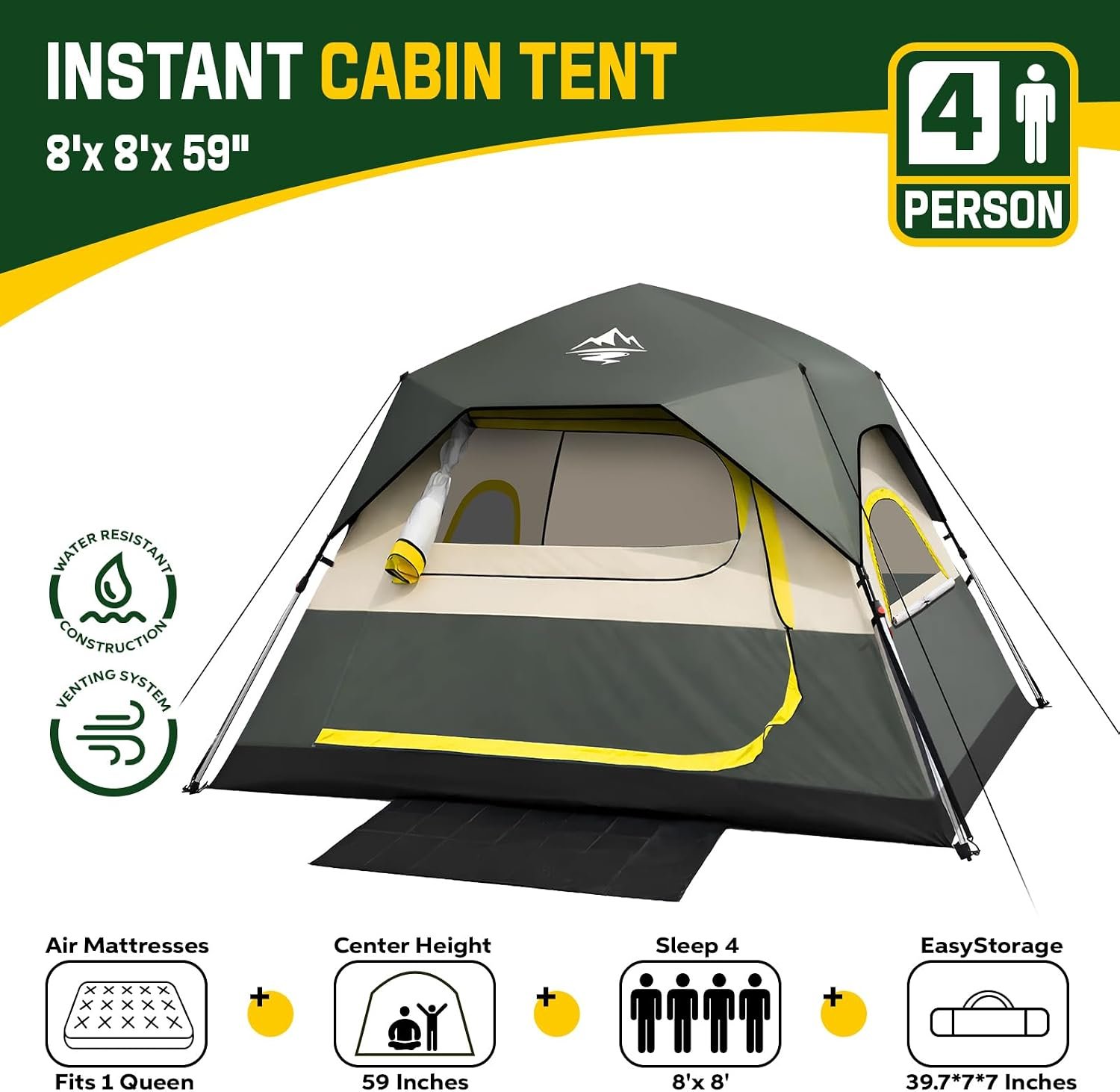 4 Person Instant Tents for Camping Setup in 50s, Cabin Tent with Rainfly | Waterproof Windproof Camping Tent, Double Layer Portable Instant Tents with Carry Bag for Family Outdoor Camping & Hiking - Image 7
