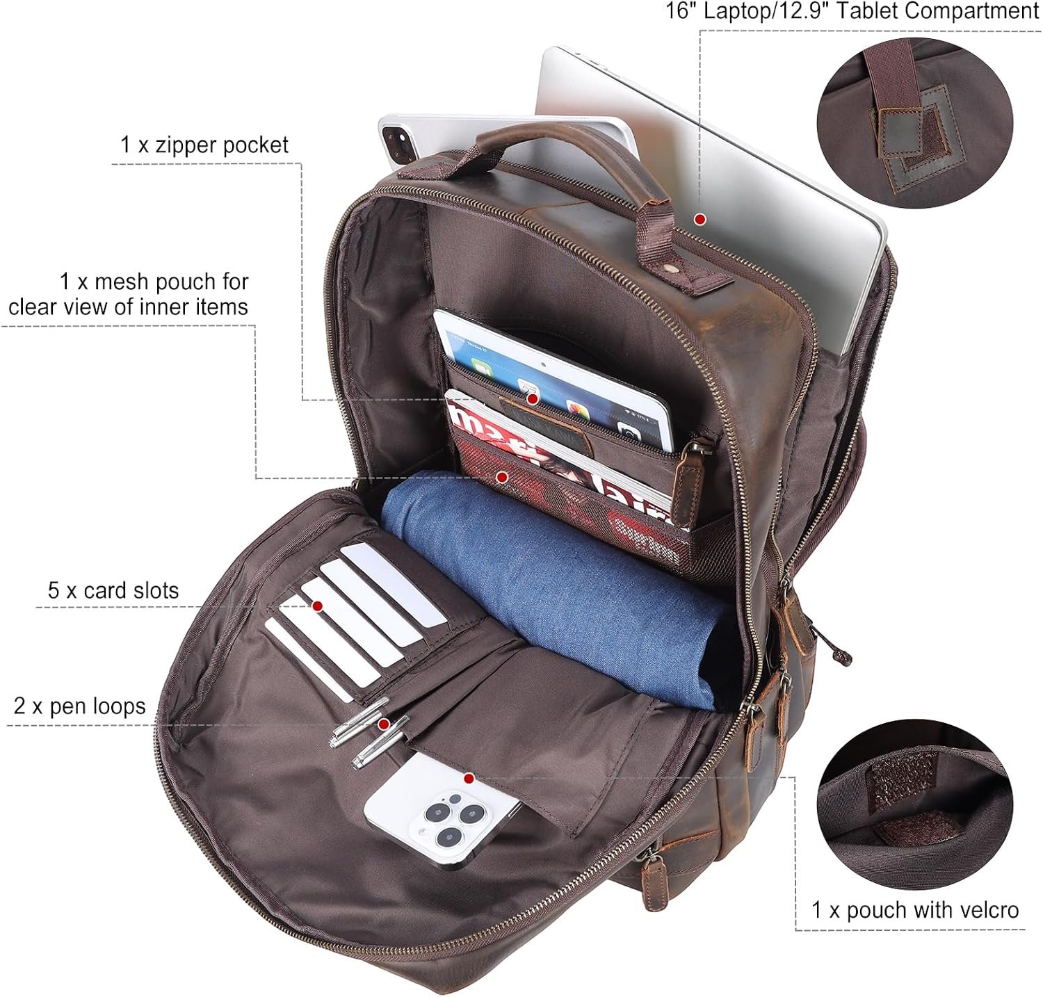 Masa Kawa Brown Leather Laptop Backpack for Men 16 Inch Compute Work Bag | Vintage Cowhide Overnight Camping Weekender Travel Large College Daypack with Water Bottle Holder - Image 6