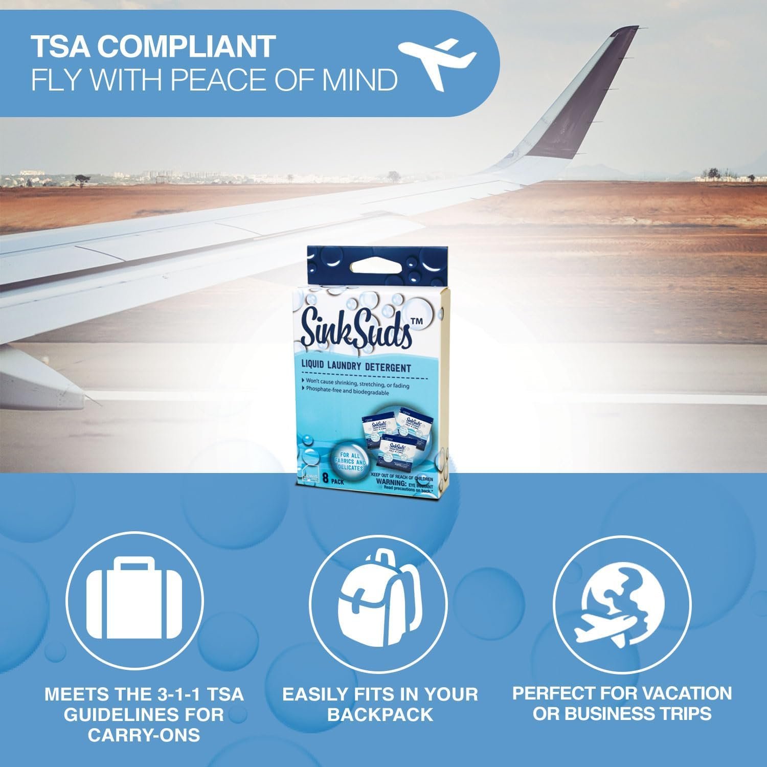 SinkSuds Laundry Detergent, Travel Size Liquid Soap, TSA Compliant, Safe For All Fabrics, 8 Packets (Packaging May Vary) - Image 4