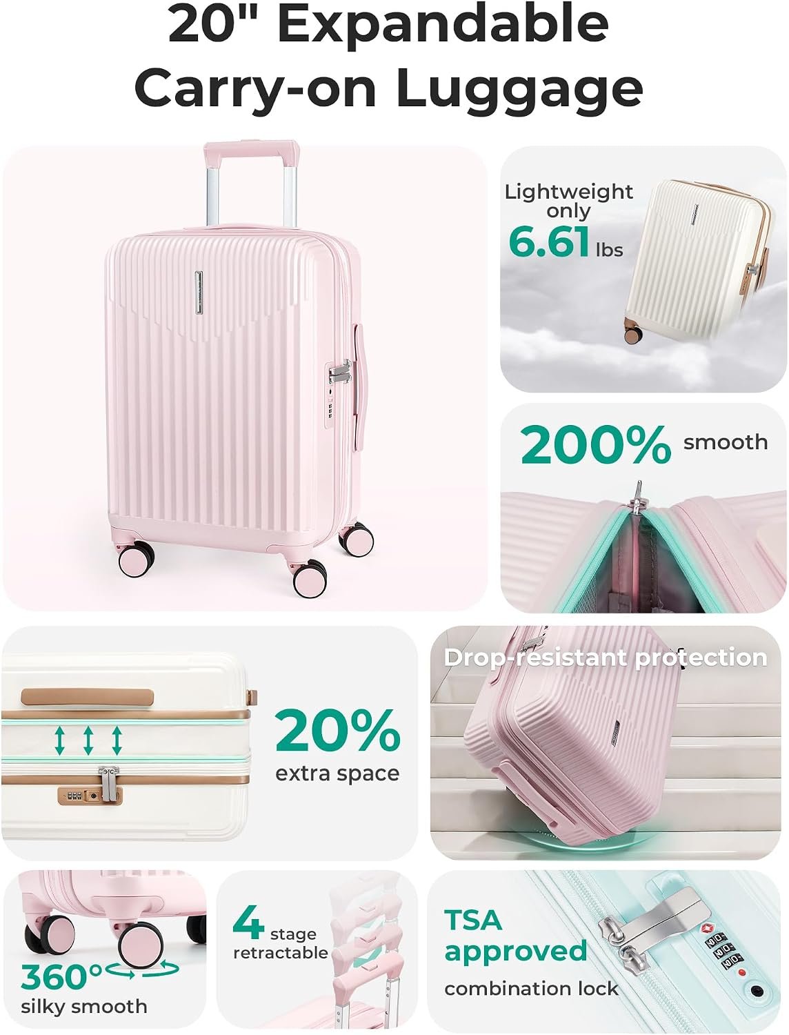 BAGSMART 20" Spinner Carry-On, PC Hardside Expandable, TSA Lock, Pink - Image 2