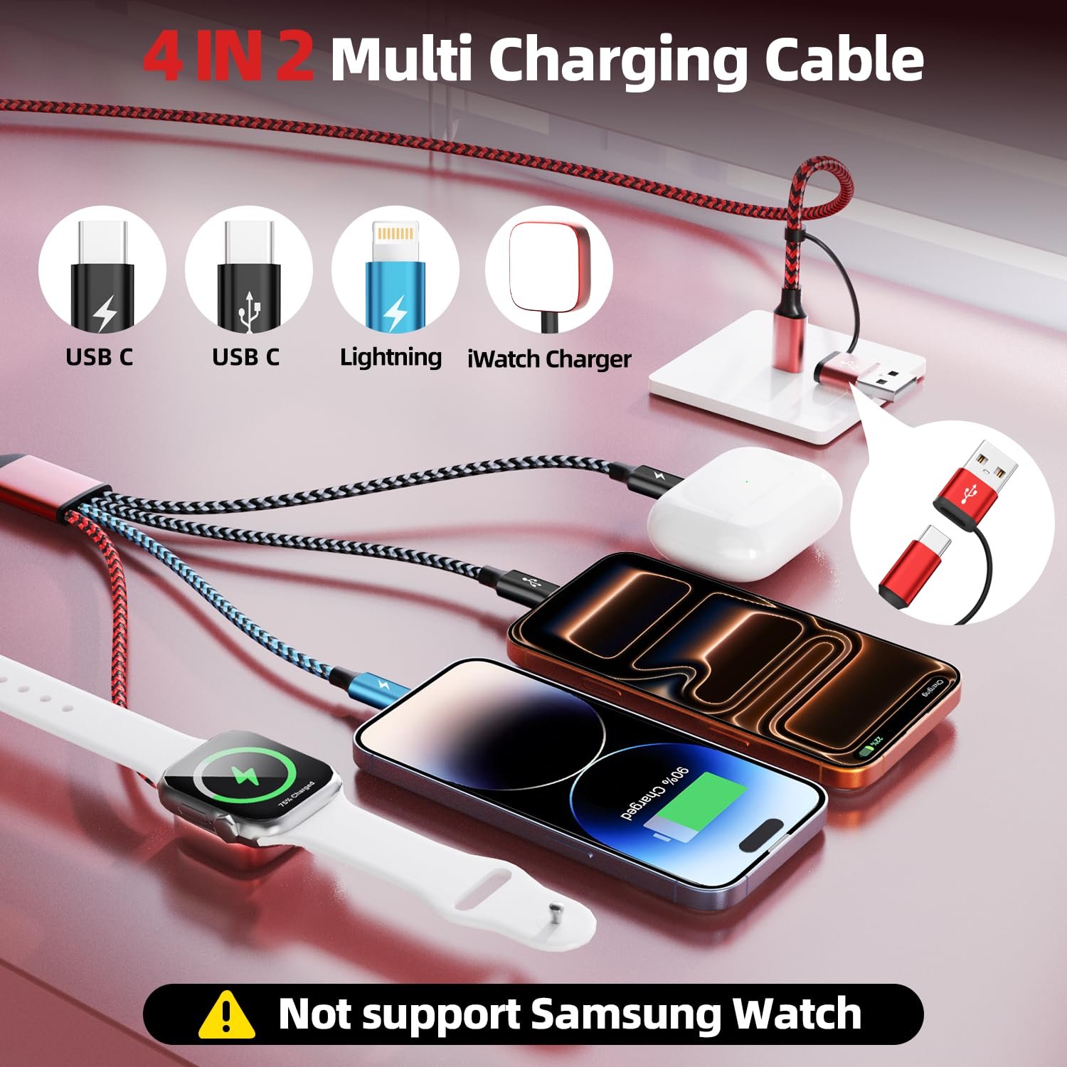 Cruise Essentials 2026, 4 in 2 Multi Charging Cable for Apple Watch Charger | Camping/Travel/Vacation/Road Trip/Car Essentials with iWatch Charger/Dual Type-C/IP for iWatch 11-2/Ultra/iPhone 17-8, 5FT - Image 3