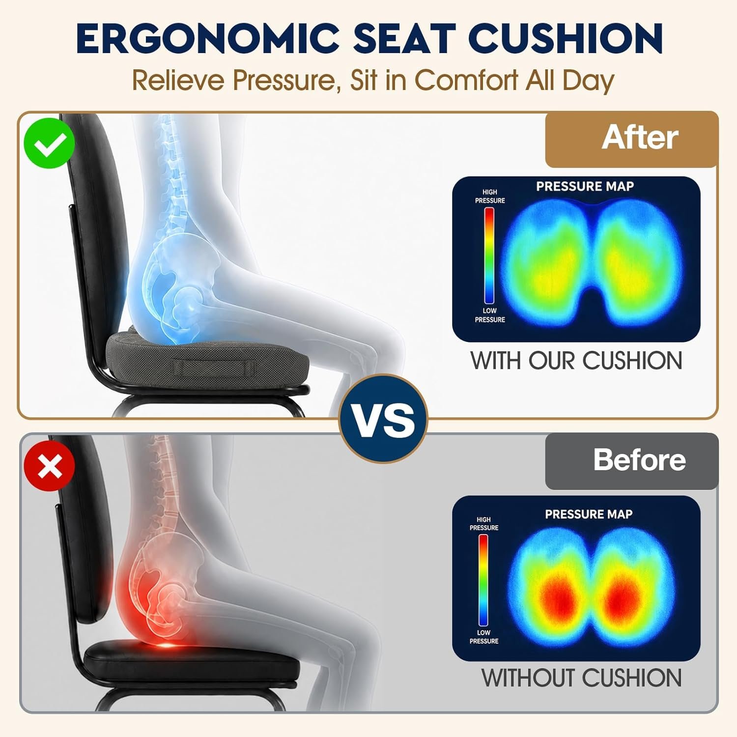 Seat Cushion - Memory Foam Sitting Pillow for Office Chair, Car Seat, Airplane, Bleacher - Sciatica & Hip & Coccyx Pain Relief Desk Chair Cushion for Long Sitting Office Workers, Car Drivers | for Car Seat, Airplane, Desk Chair - Sciatica & Hip & Coccyx Pain Relief Cushion for Long Sitting Office Workers, Car Drivers - Image 3