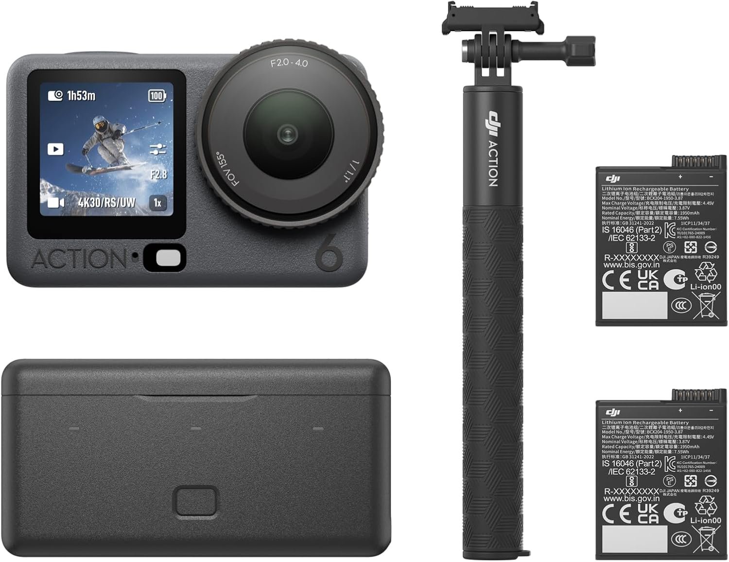 DJI Osmo Action 6 Enhanced Combo, 8K Waterproof Action Camera | 1/1.1" Square Sensor, Variable Aperture f/2.0–f/4.0, Extended Battery Life with 2 Batteries, 1.5m Extension Rod, Battery Case