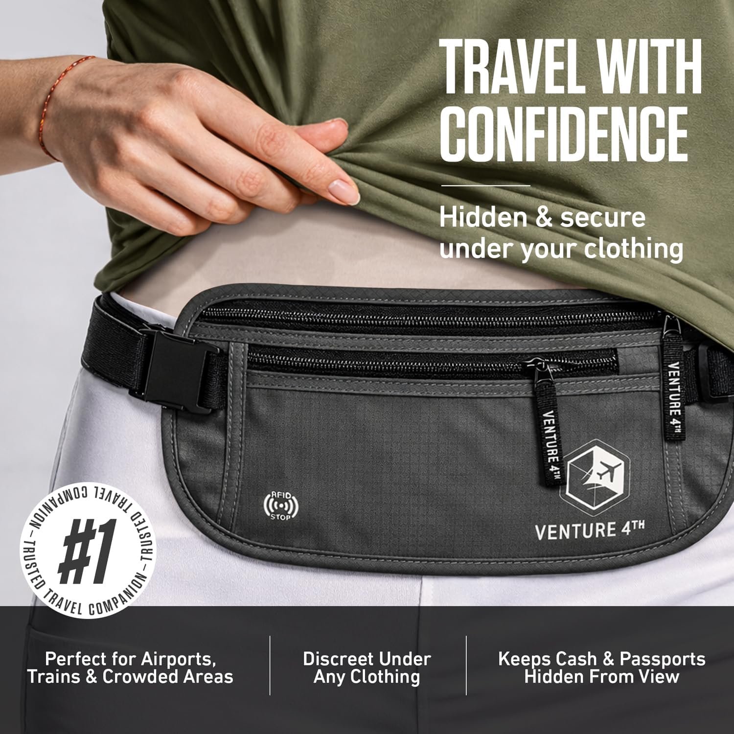 VENTURE 4TH Travel Money Belt, RFID Blocking Passport Holder - Gray - Image 4