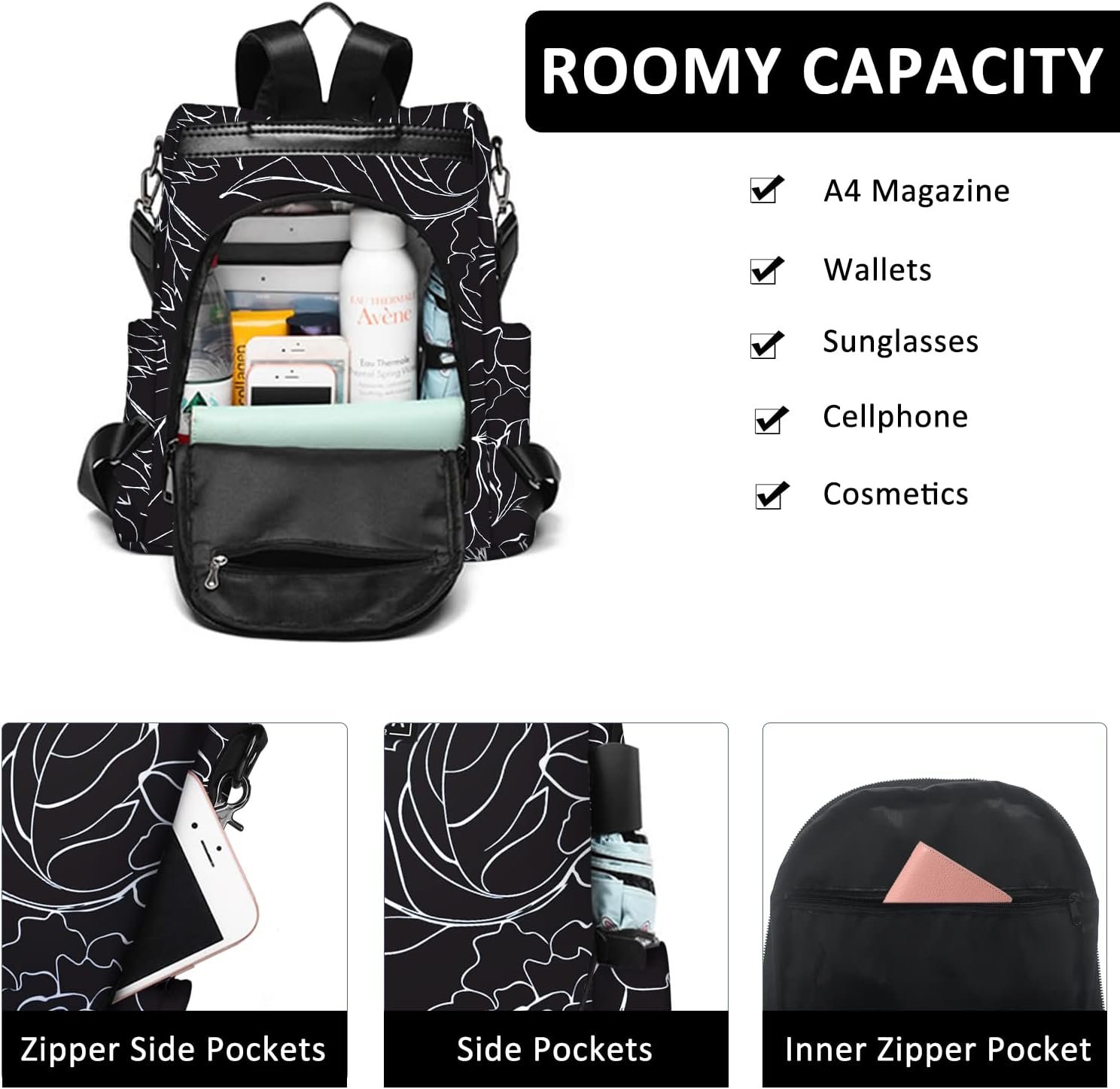 Women's Anti-Theft Backpack Purse | Lightweight Travel Daypack for College, Work & Outdoor | Nylon Back pack with Minimalist Floral Design | Hidden Back Zipper Opening, Compact Travel Size,Summer Purse, Daypack for College Work, Fits 13-inch laptop - Image 4