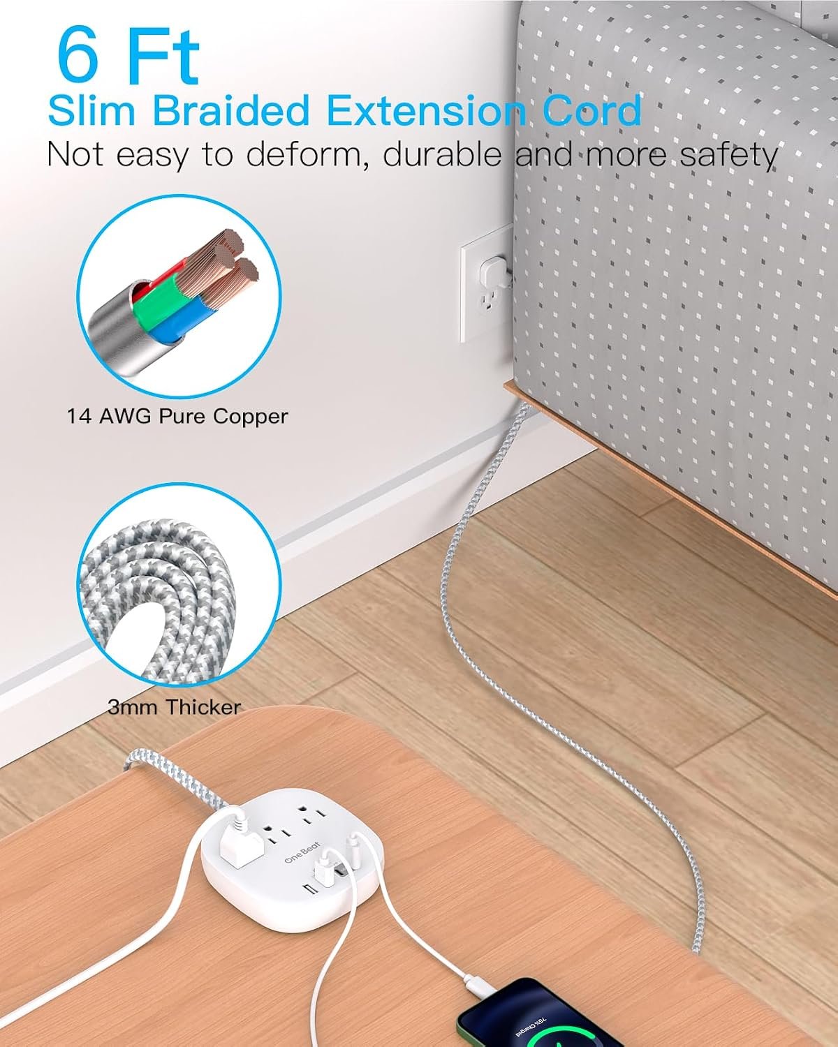 Travel Essentials, 22.5W/4.5A Flat Plug Power Strip, 6 Ft Extension Cord | 3 Outlets 4 USB Ports(2 USB C) Desktop Charging Station, Power Strip No Surge Protection for Cruise Ship, Dorm Room - Image 5