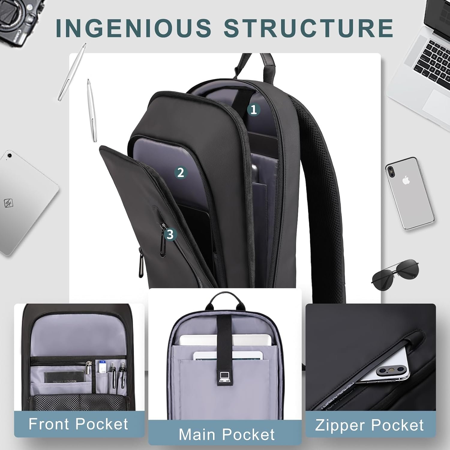 hk Backpack for Men Business Slim Laptop Bag | Anti Theft Travel Backpacks 17.3 Inch Laptop Water Resistant Computer Bag for Work Office College, Black - Image 3