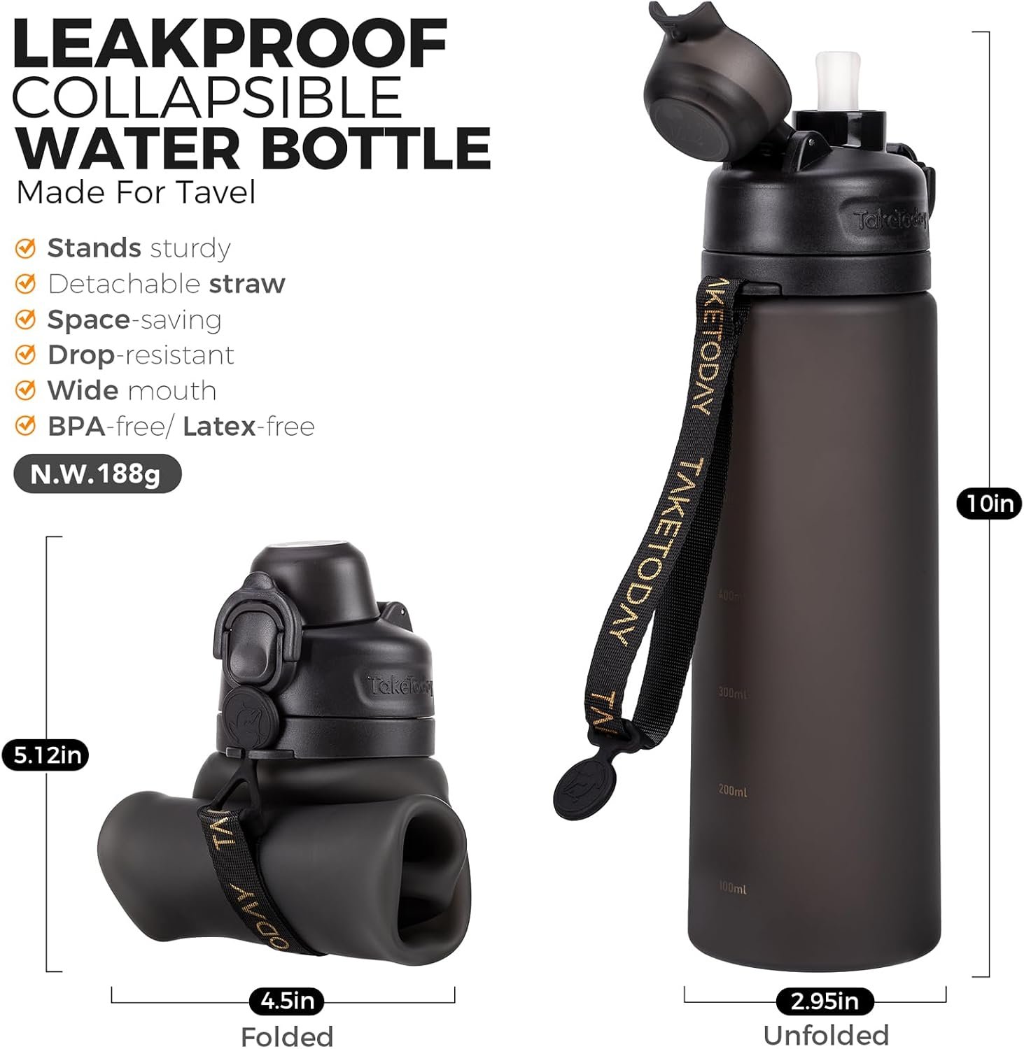 TakeToday Collapsible Water Bottles 21oz (600mL), Foldable Platinum Silicone Travel Water Bottle with Straw & Carry Strap, Leak-Resistant Screw Lid, Wide Mouth, BPA-Free for Hiking, Camping, Travel - Image 2