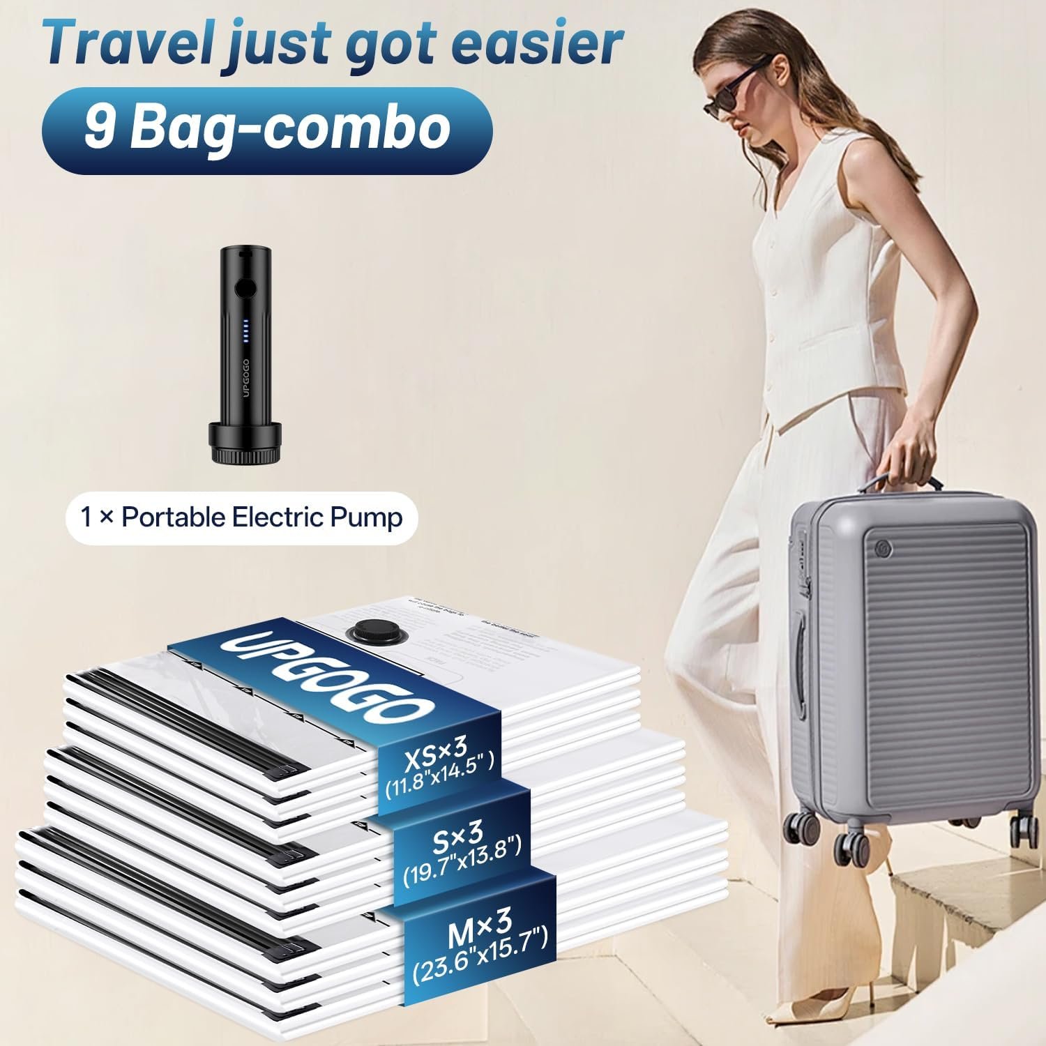 UPGOGO Travel Vacuum Bags for Luggage with Portable Electric Pump,Vacuum Seal Bags for Clothing,Packing Cubes Compression,Cruise Ship and Travel Essentials(Combo 9 Pack) - Image 2