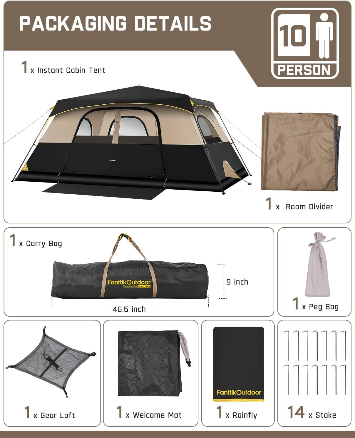 FanttikOutdoor 4/6/8/10 Person Instant Tent for Camping Setup in 60s | Camping Tent with Rainfly & Windproof, Portable Instant Cabin Tent with Carry Bag for Family Camping & Hiking - Image 8