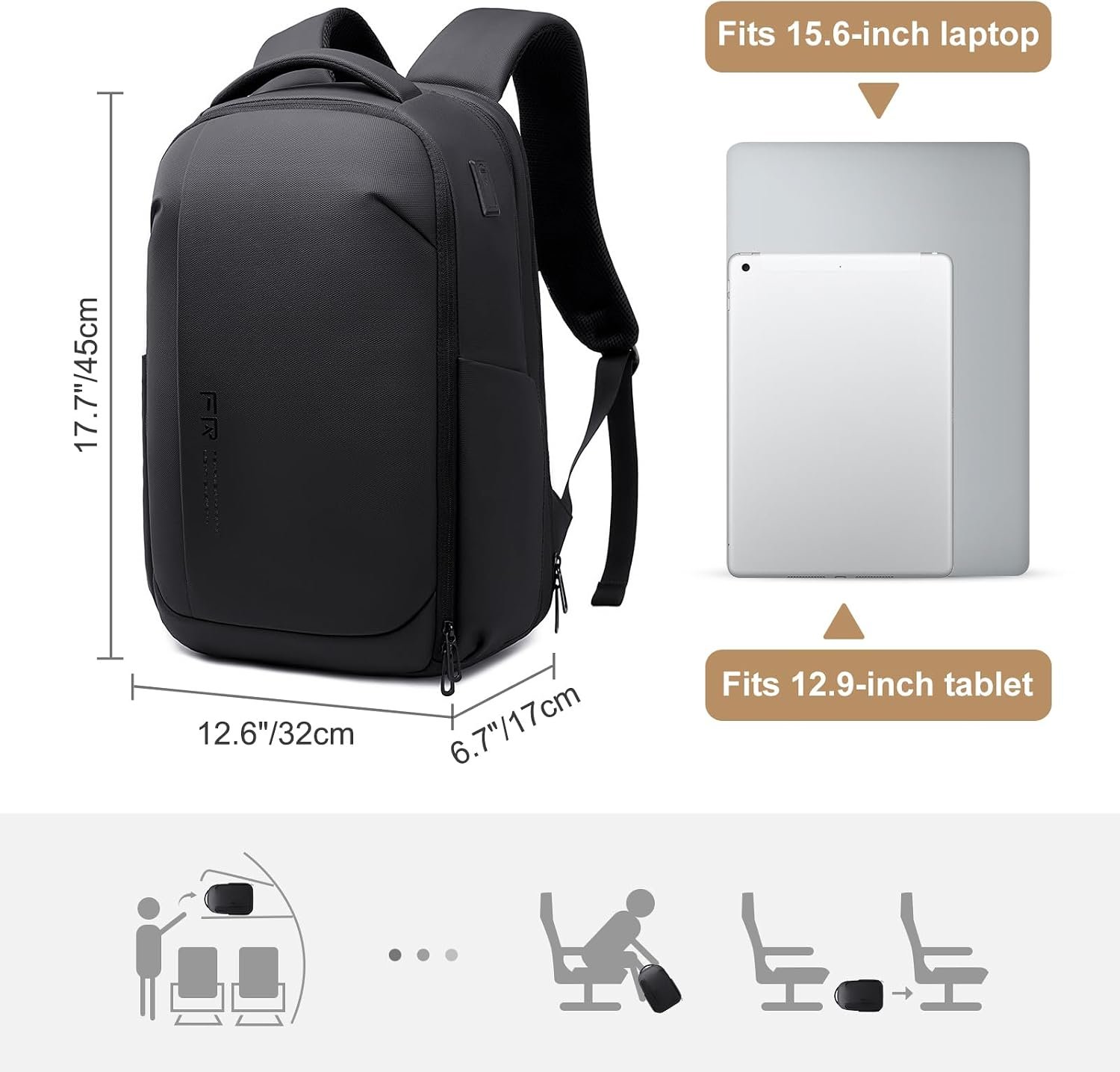 FENRUIEN Expandable Laptop Backpack 15.6 Inch for Men Business Travel | Commute & Office Ready, Water-Resistant, Laptop Compartment, TSA-friendly, USB Charging Port, Black - Image 3