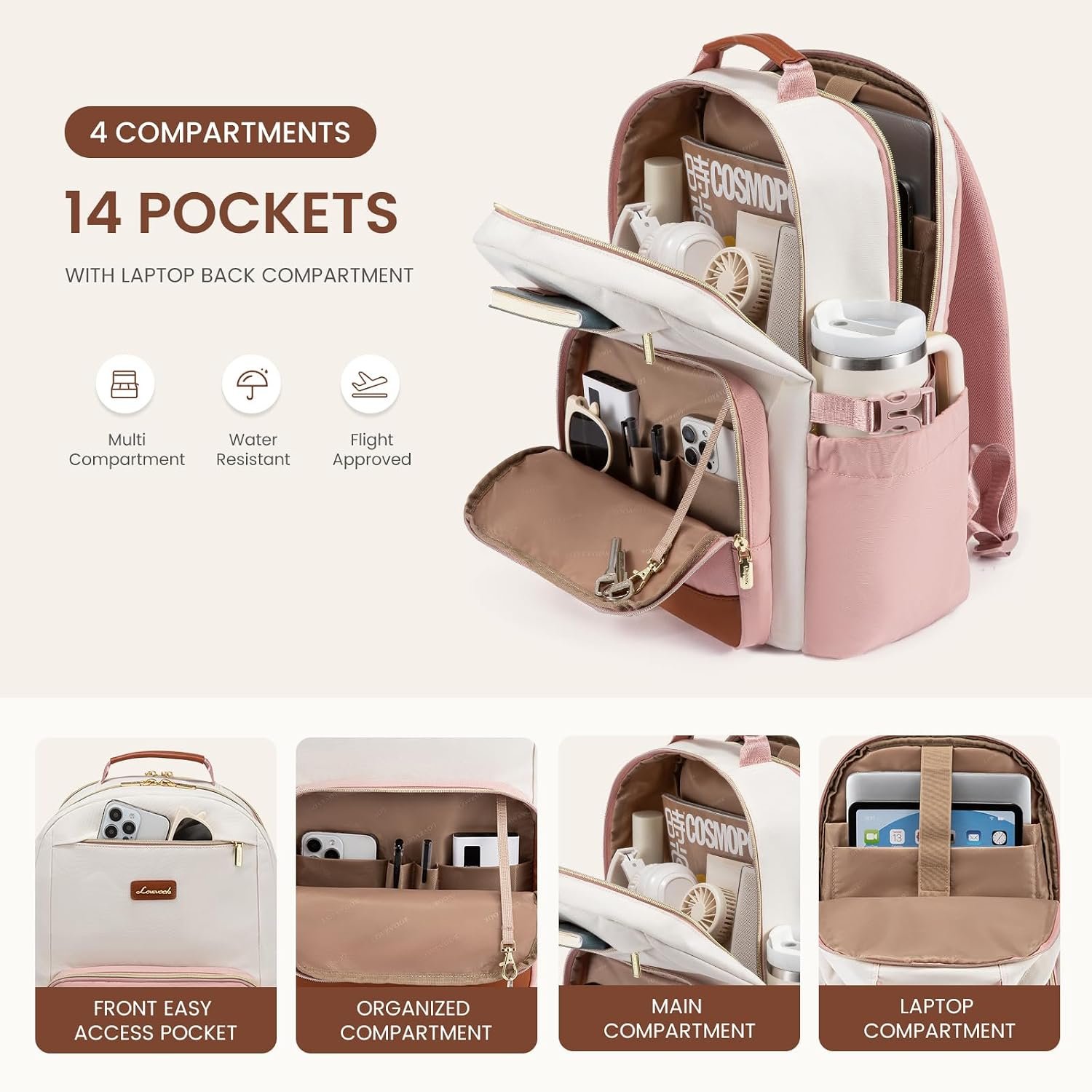 LOVEVOOK Laptop Backpack for Women with Pouch Pocket for Large Capacity Cup,15.6 Inch Teacher Nurse College Work Backpack Purse,Waterproof Laptop Bag Computer Back Pack for Travel, Beige-Pink-Brown - Image 3