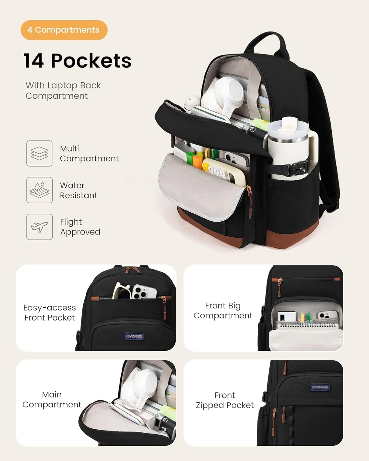 LOVEVOOK Laptop Backpack for Women Men with Large Cup Holder,15.6 Inch Work Travel Backpack Computer Laptop Bag,Waterproof Teacher Nurse College Business Office Carry on Backpack Purse,Back Pack Gifts - Image 3