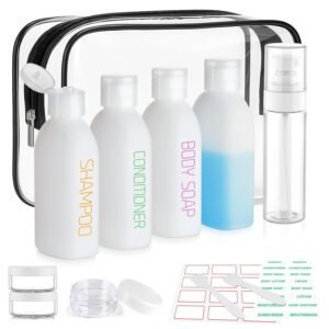 Cosywell Travel Bottles for Toiletries 9PCS 3.4oz White Shampoo Bottles | TSA Approved Travel Size Containers, 2oz Spary Bottle, Leakproof, 0.35oz Plastic Cream Jars, and a Toiletry Bag