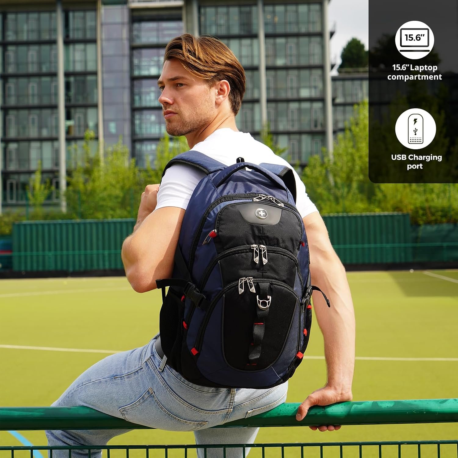 Swissdigital Design Laptop Backpack with USB Charging Port, Travel Backpack Fits 15.6 inches Computer, 31l College School Backpack for Men, Blue/Black | SD803-12 - Image 6