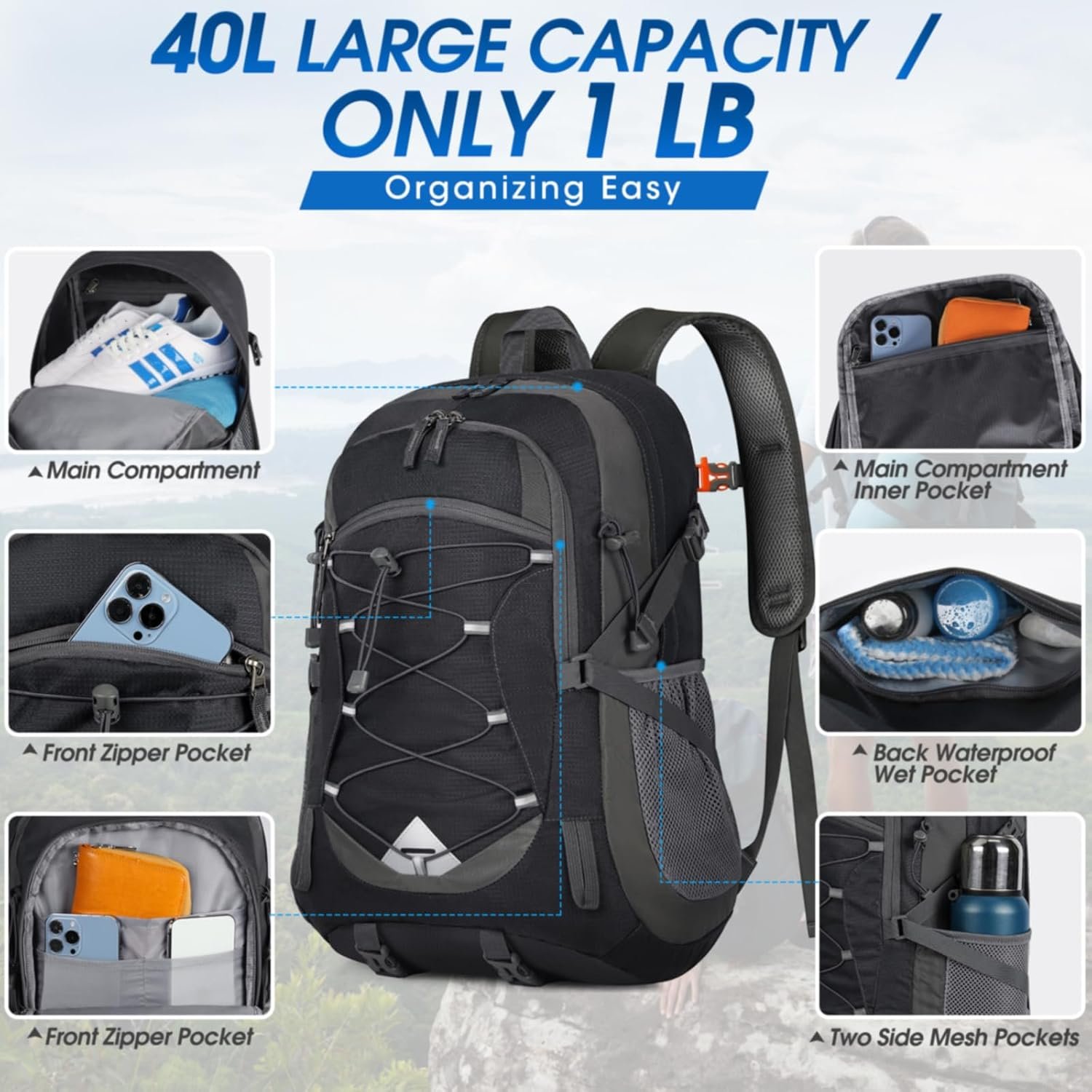 IGOLUMON Hiking Backpack 40L Packable Lightweight Camping Daypack Men Women | Multi-compartment storage Water-resistant Foldable Nylon Material Hiking Day pack for Camping Cycling Outdoor - Image 5