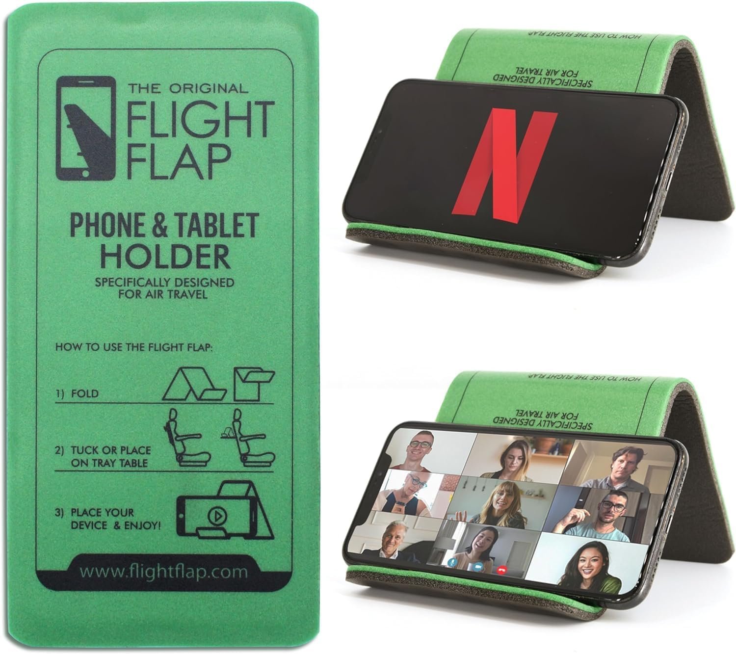 Foldable Airplane Phone Holder, Travel Phone Stand, Green | Use this flexible phone stand on a desk, bed, treadmill, office, kitchen counter, car headrest, or airplane seat back