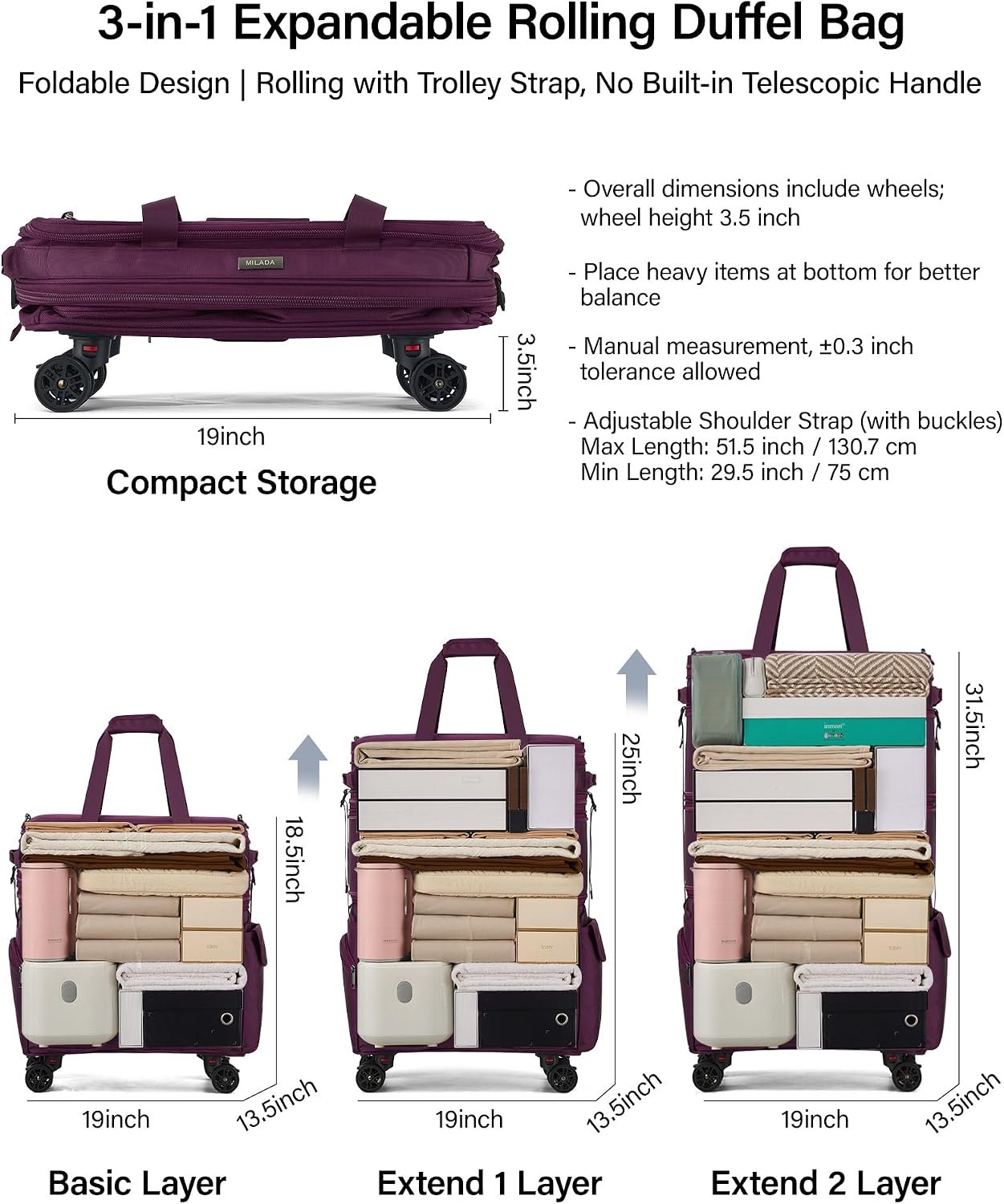 MILADA Expandable Luggage Bags for Travel Large Suitcases with Wheels | Upgraded Foldable Rolling Bag, 13 Pockets, Multi Carry Ways, Collapsible Travel Bag for Moving, Gym, Shopping, Men & Women - Image 4