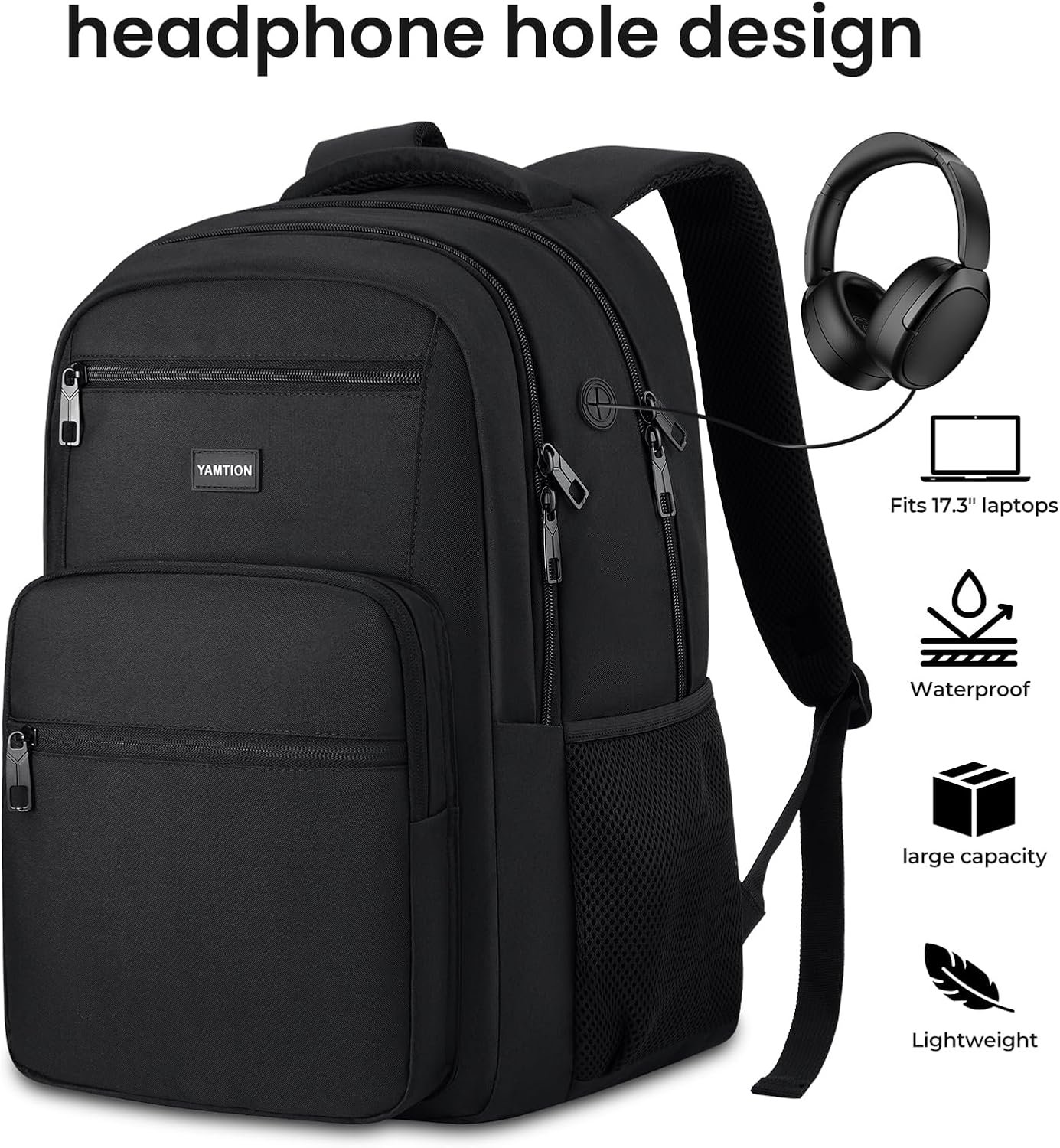 YAMTION Laptop Backpack for Men and Women, Black Backpack, School Backpack for Boys and Girls, Bookbag, Work Backpack Fits 15.6 Inch Laptop and Notebook - Image 3