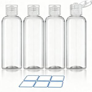 DTDNZKN 4 Pack 3.4 Oz (100ml) TSA Approved Travel Bottles for Toiletries | Leak Proof Plastic Travel Essentials Accessories with Labels