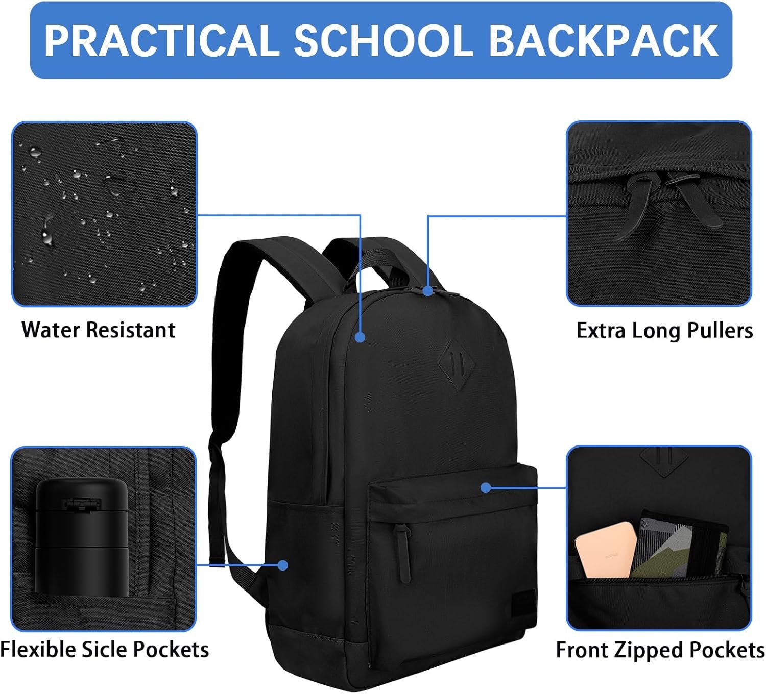 Backpack for Men Women,Travel Laptop Backpack, Water Resistant 17.3 Inch USB Charging Backpack, Large Capacity Work Commute Bag,All Black - Image 4