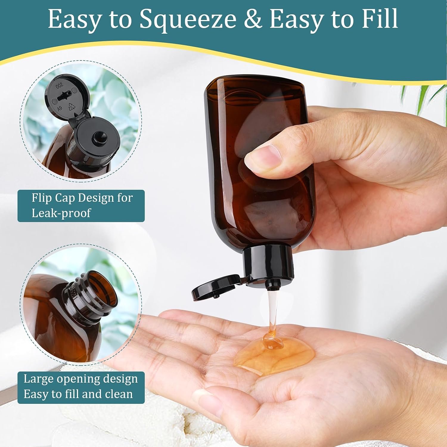 Cosywell 4 Pack 3.4 oz Preprinted Travel Bottles for Toiletries | Brown Bottles are Preprinted with SHAMPOO, CONDITIONER and BODY SOAP, One is Blank, Includes Flip Caps and a Toiletry Bag - Image 4