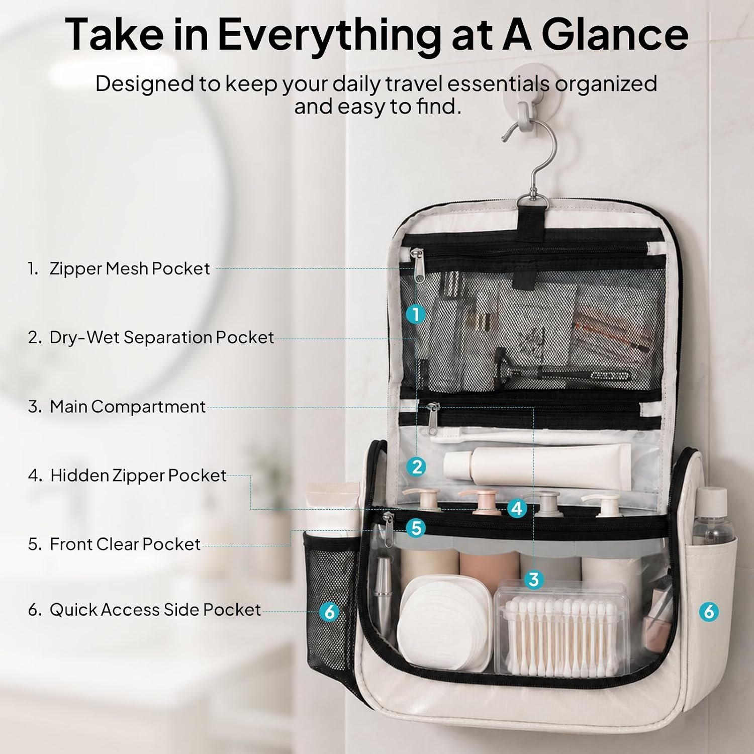 Travel Toiletry Bag for Women & Men, Waterproof Hanging Makeup Organizer | Portable Toiletries Organizer, Wide Opening Cosmetic Bag with Clear Pocket, Easy Access, Compact Size, Beige - Image 3
