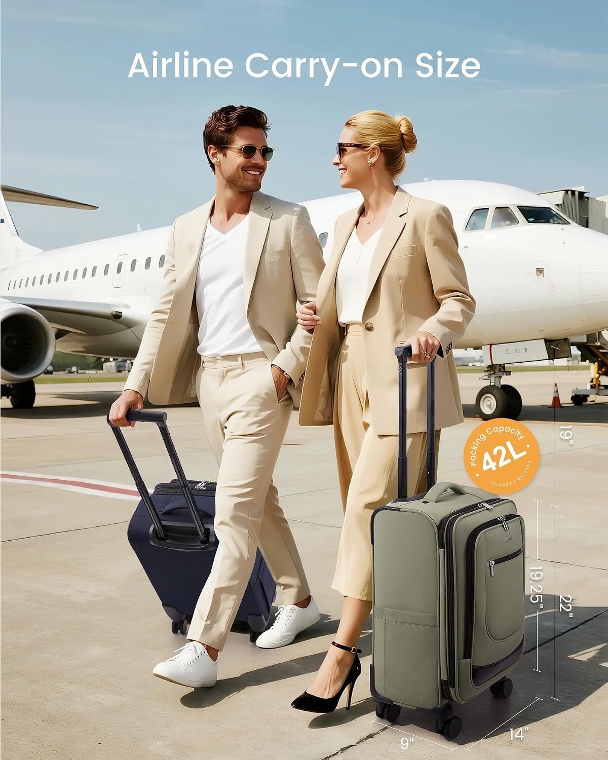 LOVEVOOK Carry On Luggage 22x14x9 Airline Approved 22inch Softside Suitcase | Rolling Suitcase with Spinner Wheels TSA Lock Laptop Compartment for Women Men, Luggage for Travel Business Trip Plane, Green - Image 2