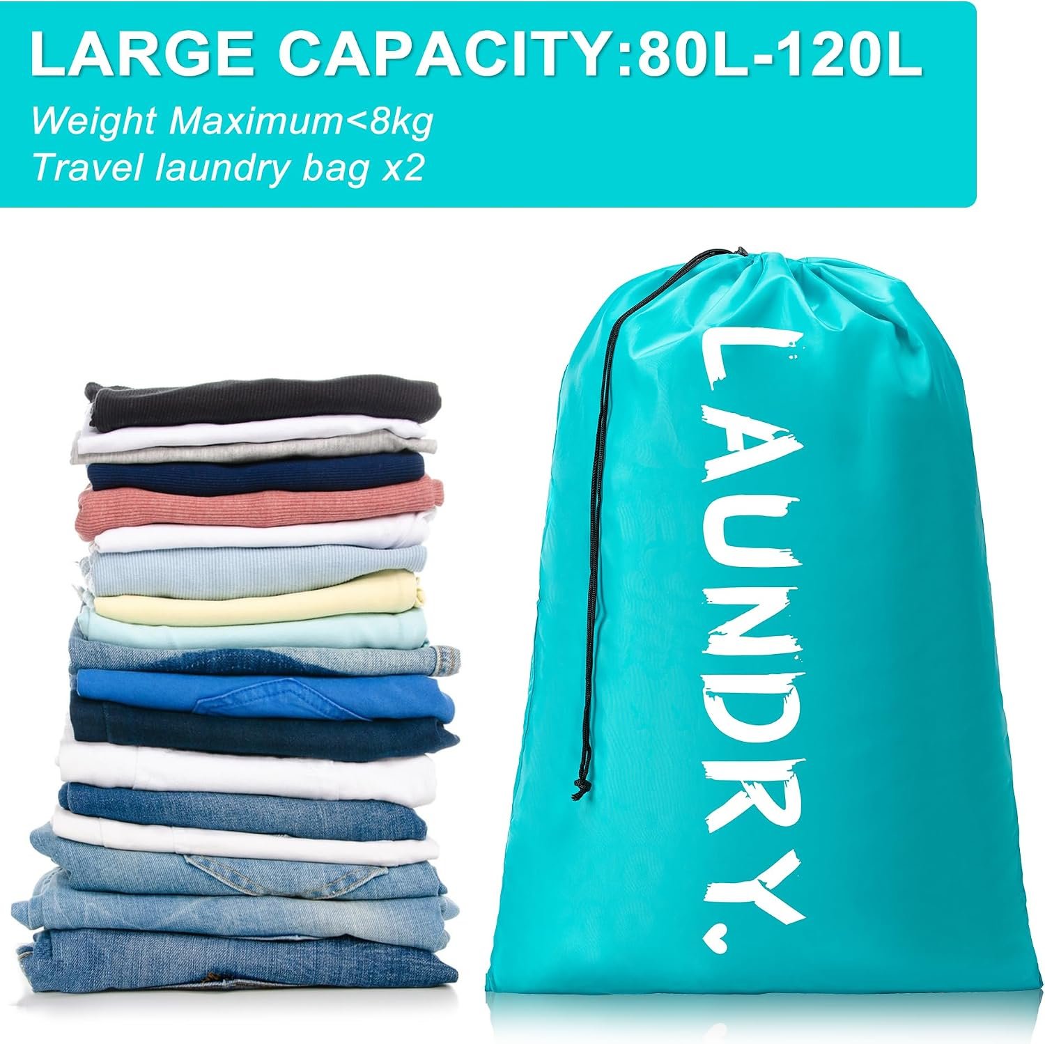 2 Pack XL Travel Laundry Bag, Machine Washable Dirty Clothes Organizer with Drawstring,Large Enough to Hold 4 Loads of Laundry, Easy Fit a Laundry Hamper or Basket Travel Essentials 24" x 36" | Ultra Large Capacity - Image 5