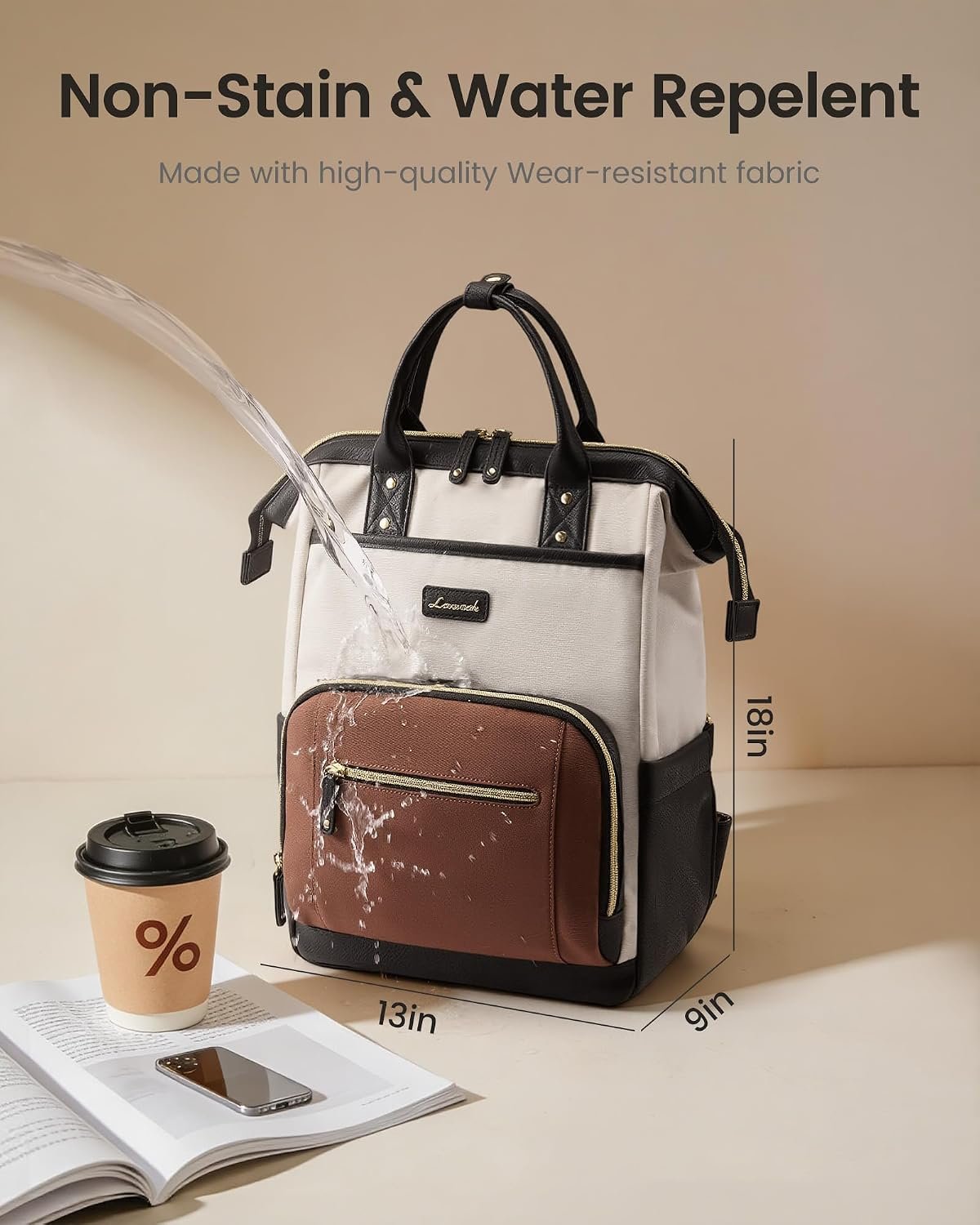 LOVEVOOK Laptop Backpack for Women with Giant Tumbler Holder,18 inch Professional Nurse Teacher Backpack Computer Laptop Bag,Cute Waterproof Travel Backpack Purse Work College Bag, Beige-Black-Brown - Image 5