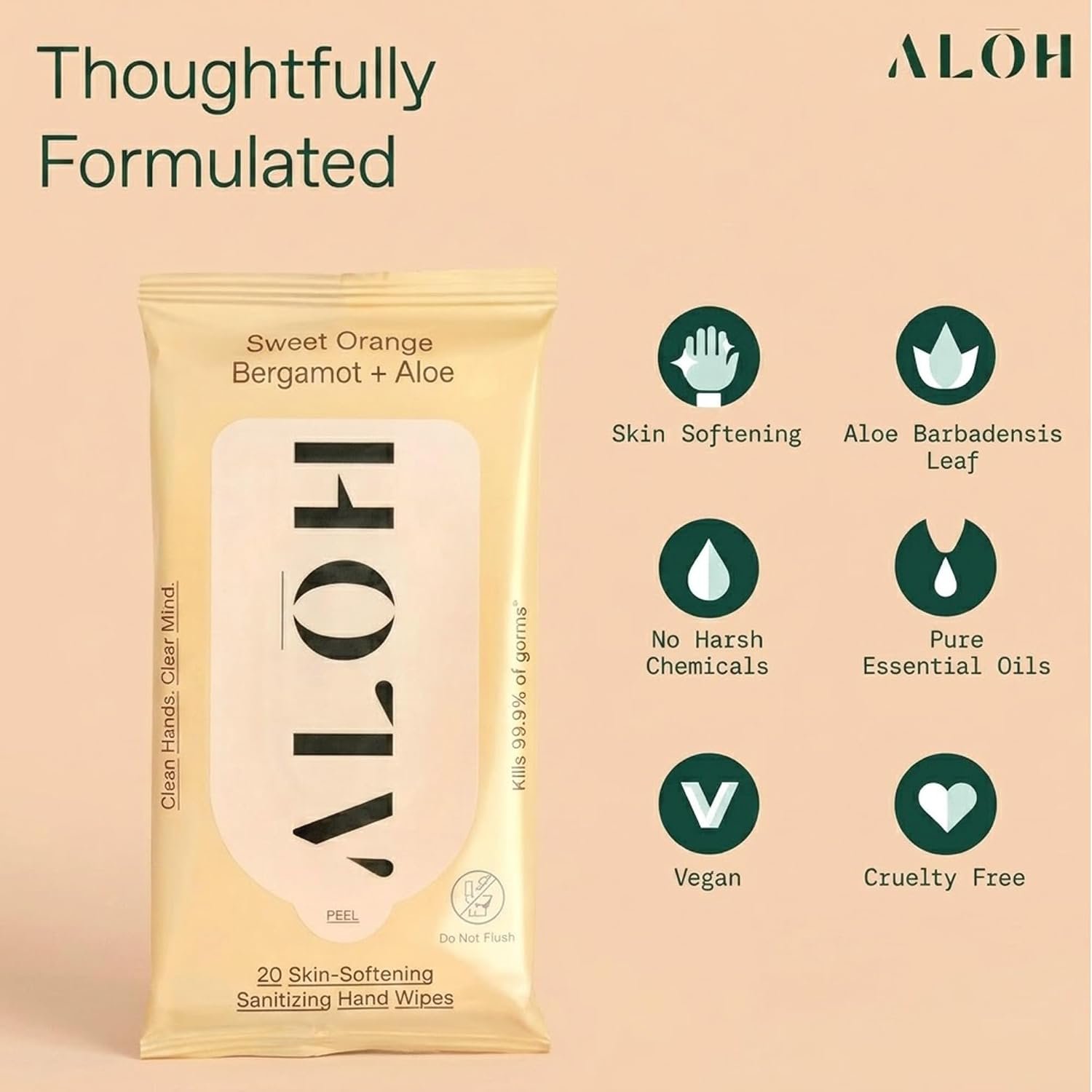 ALŌH Sweet Orange Bergamot + Aloe Hand Sanitizer Wipes, Travel Size | Clean Hands, Clear Mind, On The Go for Kids and Adults | Alcohol Free, Moisturizing, Scented | 3 Pack 20ct Wipes (60 wipes) - Image 4
