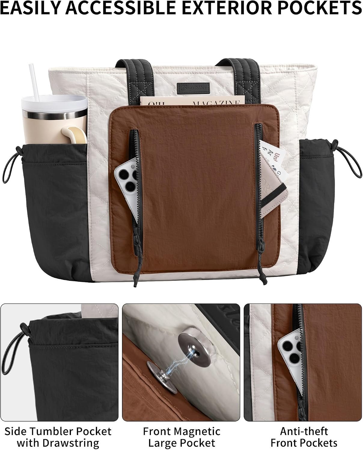 Bagstellar Puffer Tote Bag for Women, Lightweight Puffy Work Laptop Handbag | Quilted Teacher Nurse Carry On Purse with Zipper, 40oz Cup Holder, 15.6" Computer Bag for School Clinical Nursing Travel Gym - Image 6