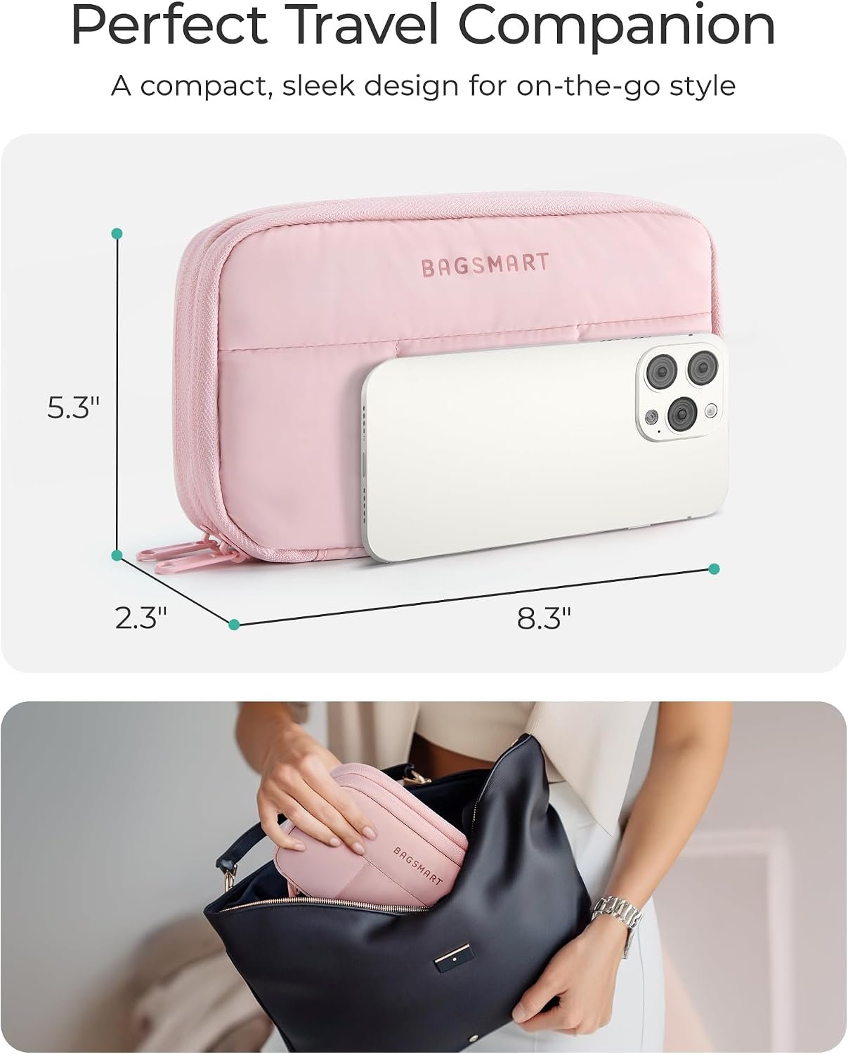 BAGSMART Electronics Organizer Travel Case for Cords Chargers Phones, Pink | Puffy Padded, Travel Essentials, Cord organizer bag for Cables, Compact Tech Accessories Pouch - Image 5
