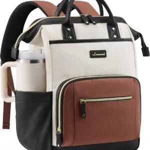 LOVEVOOK Laptop Backpack for Women with Giant Tumbler Holder,18 inch Professional Nurse Teacher Backpack Computer Laptop Bag,Cute Waterproof Travel Backpack Purse Work College Bag, Beige-Black-Brown