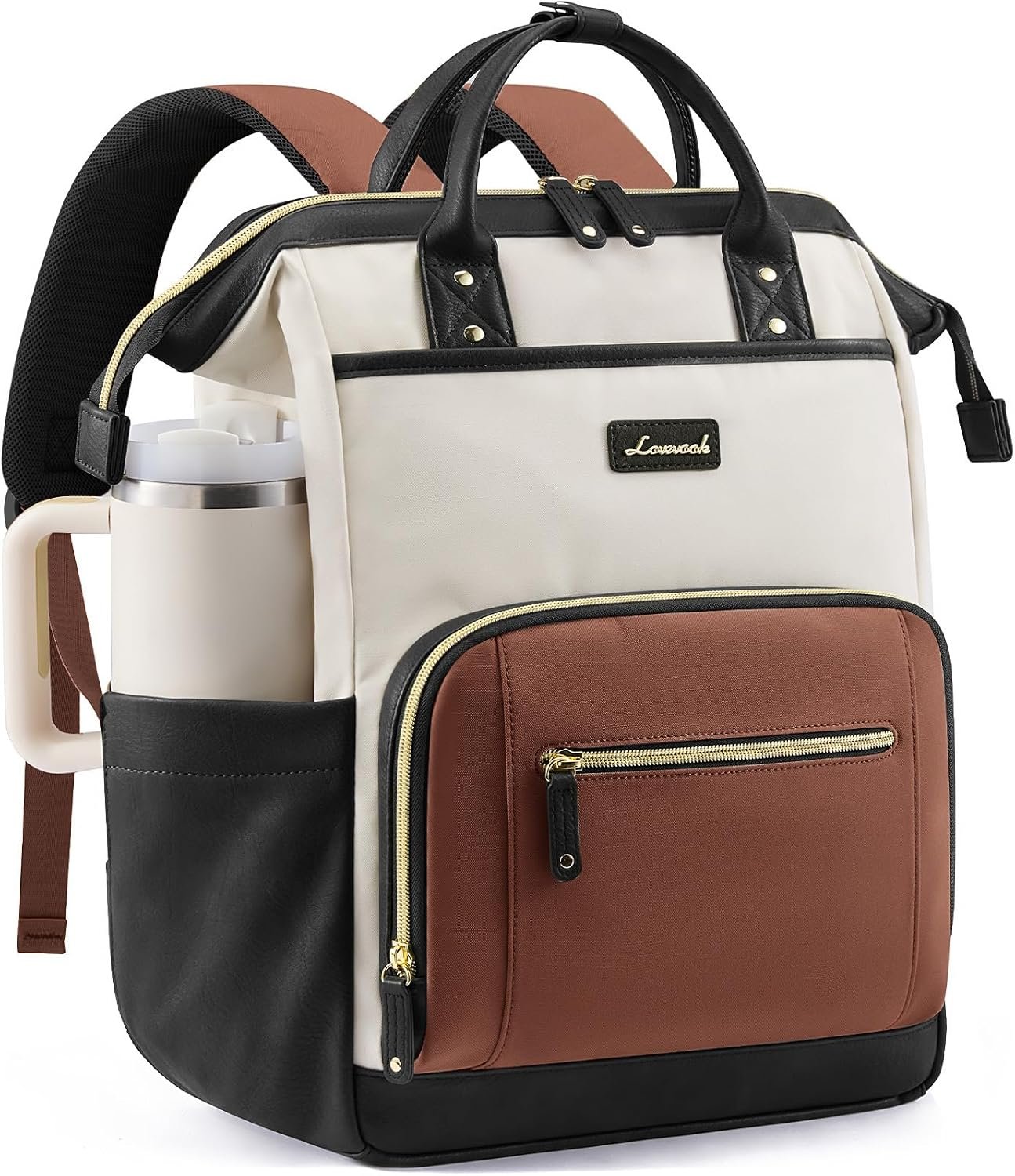 LOVEVOOK Laptop Backpack for Women with Giant Tumbler Holder,18 inch Professional Nurse Teacher Backpack Computer Laptop Bag,Cute Waterproof Travel Backpack Purse Work College Bag, Beige-Black-Brown