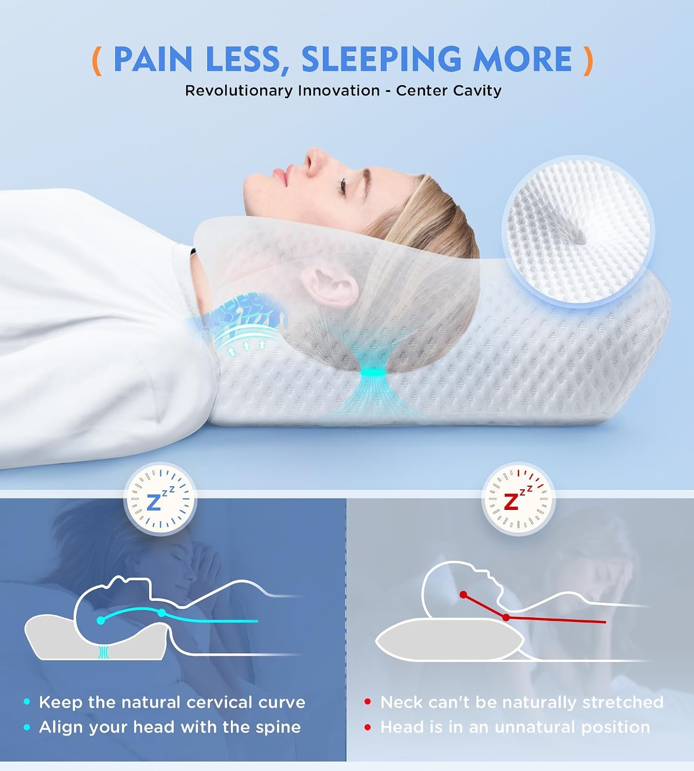 Cervical Pillow for Neck Pain Relief, Hollow Design Odorless Memory Foam Pillows with Cooling Case, Adjustable Orthopedic Bed Pillow for Sleeping, Support for Side Back Sleepers - Image 2
