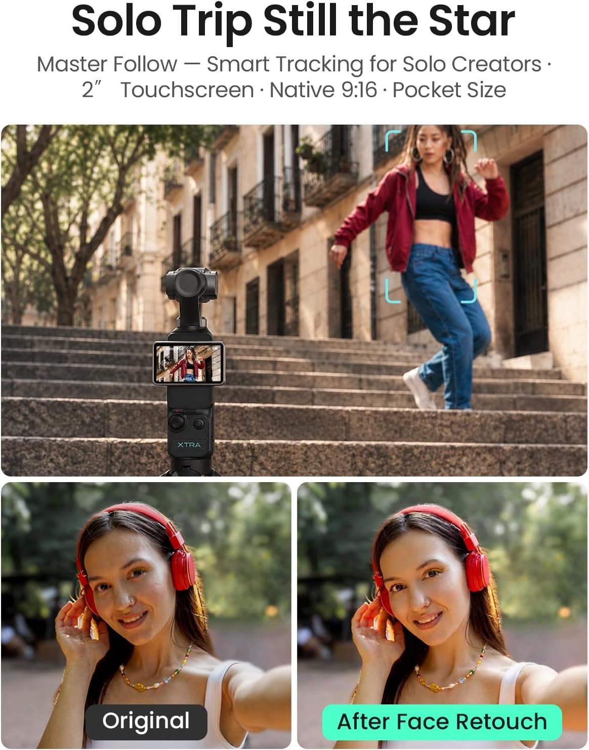 Xtra Muse, Vlogging Camera with 1'' CMOS & 4K/120fps Videos, Pocket Camera with 3-Axis Gimbal Stabilizer, Fast Focusing, Face/Object Tracking, Digital Video Camera for Photography, Digital Camera - Image 5