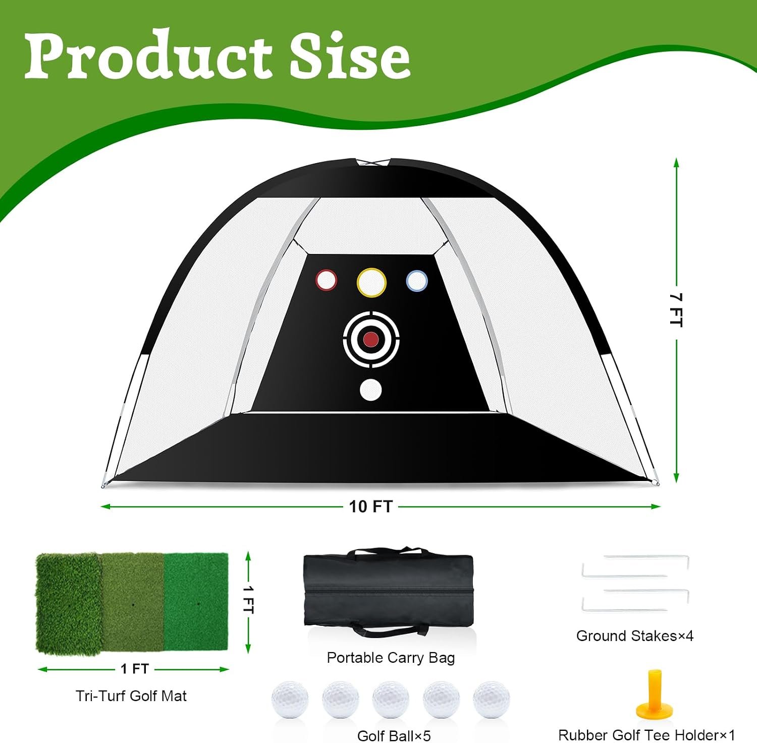 Golf Net, Dikutar 10x7ft Practice Bundle with Tri-Turf Mat & 4-Targets | Durable 420D hitting cages for backyard driving and swing training. Includes 5 balls, tee, and carry bag. Gifts for men. - Image 10