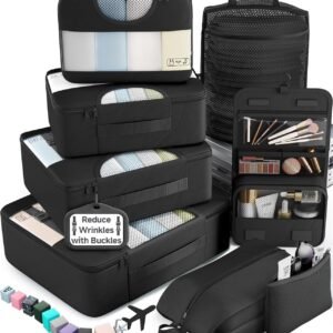 Veken 10 Set/8 Set Packing Cubes for Travel Essentials,Anti-Wrinkle Buckled Suitcase Organizer for Shoe & Toiletry Bag,Carry On Luggage Bag for Airplane & College Dorm Room Accessories,Women Men Gifts