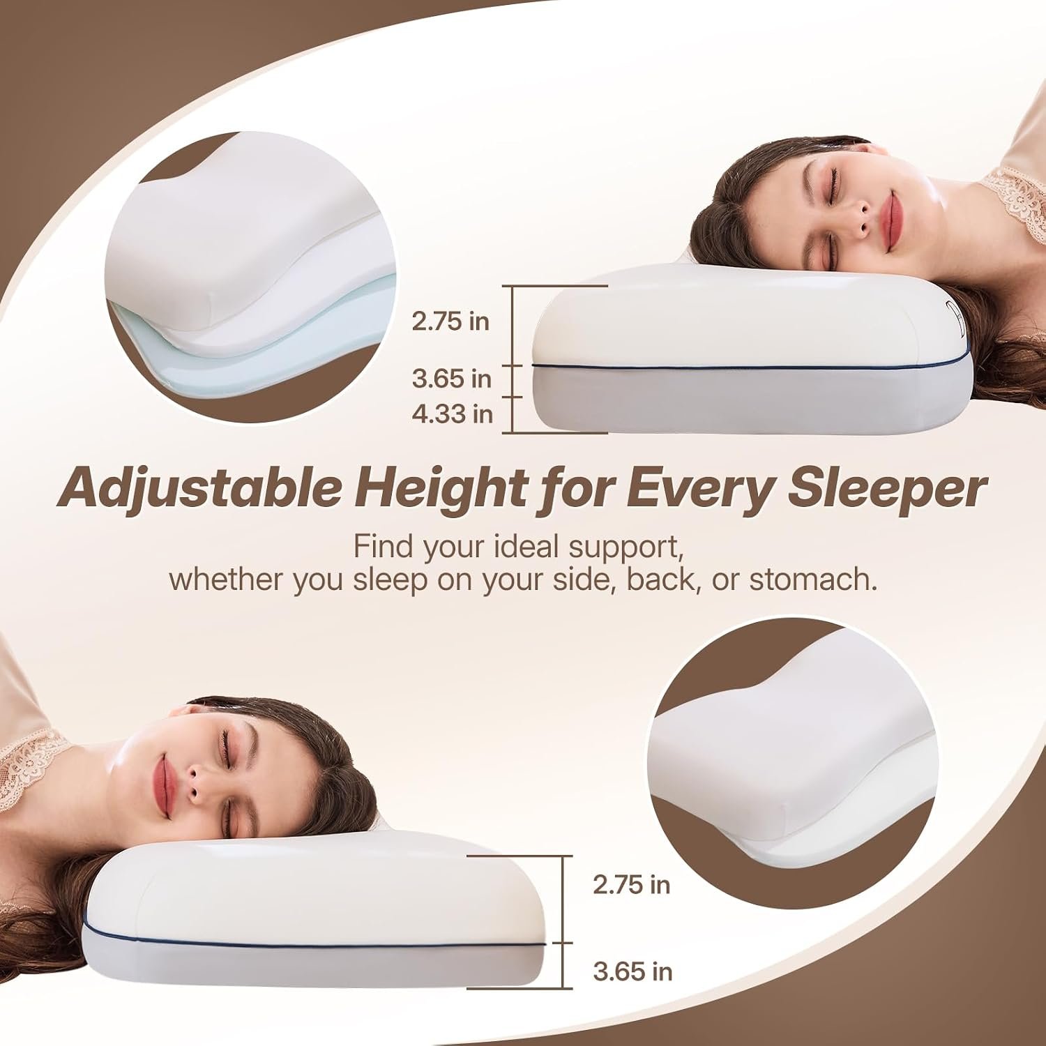 Cervical Neck Pillow, Adjustable Memory Foam for Neck Support, White | Adjustable Firmness. 3-Level Height, Ergonomic Support, CertiPUR-US Foam, Breathable Cover, All Sleep Positions - Image 4