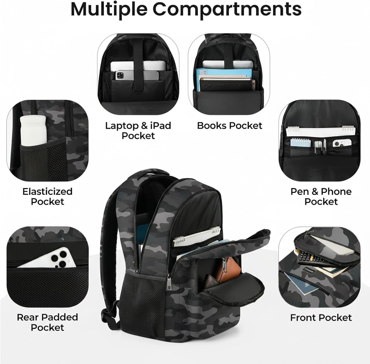 YAMTION Laptop Backpack for Men, Black Backpack, School Backpack for Boys and Girls, Bookbag, Work Backpack (Black Camo, 15.6 inch) - Image 2