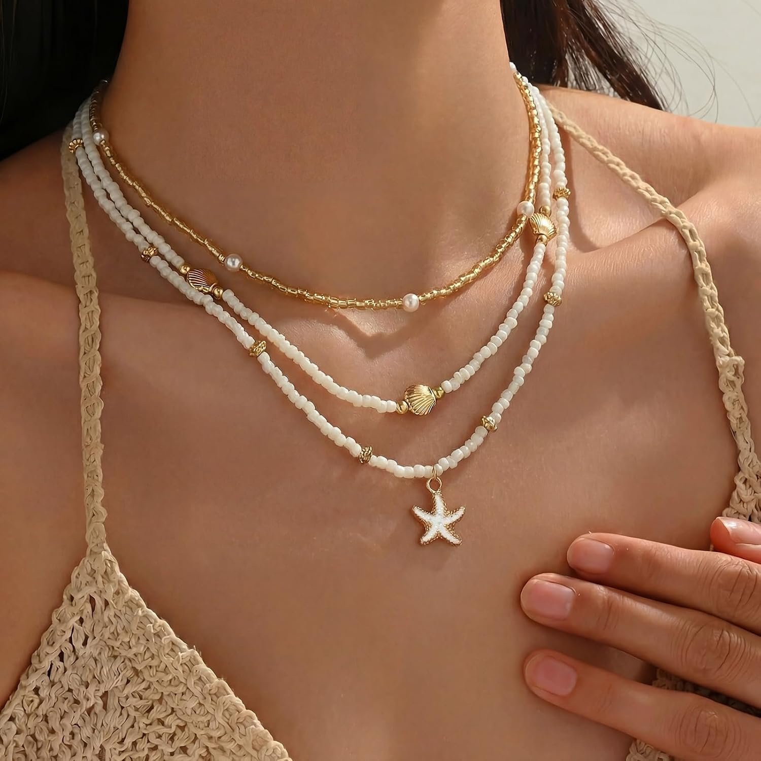 Nackiy Shell Starfish Necklace for Women, Boho Beach Vacation Jewelry | Gold Plated Layered Charm Necklace, Boho Bead Strands, Adjustable Fit, Pearl Shell Starfish Charms, Summer Jewelry Gift - Image 5
