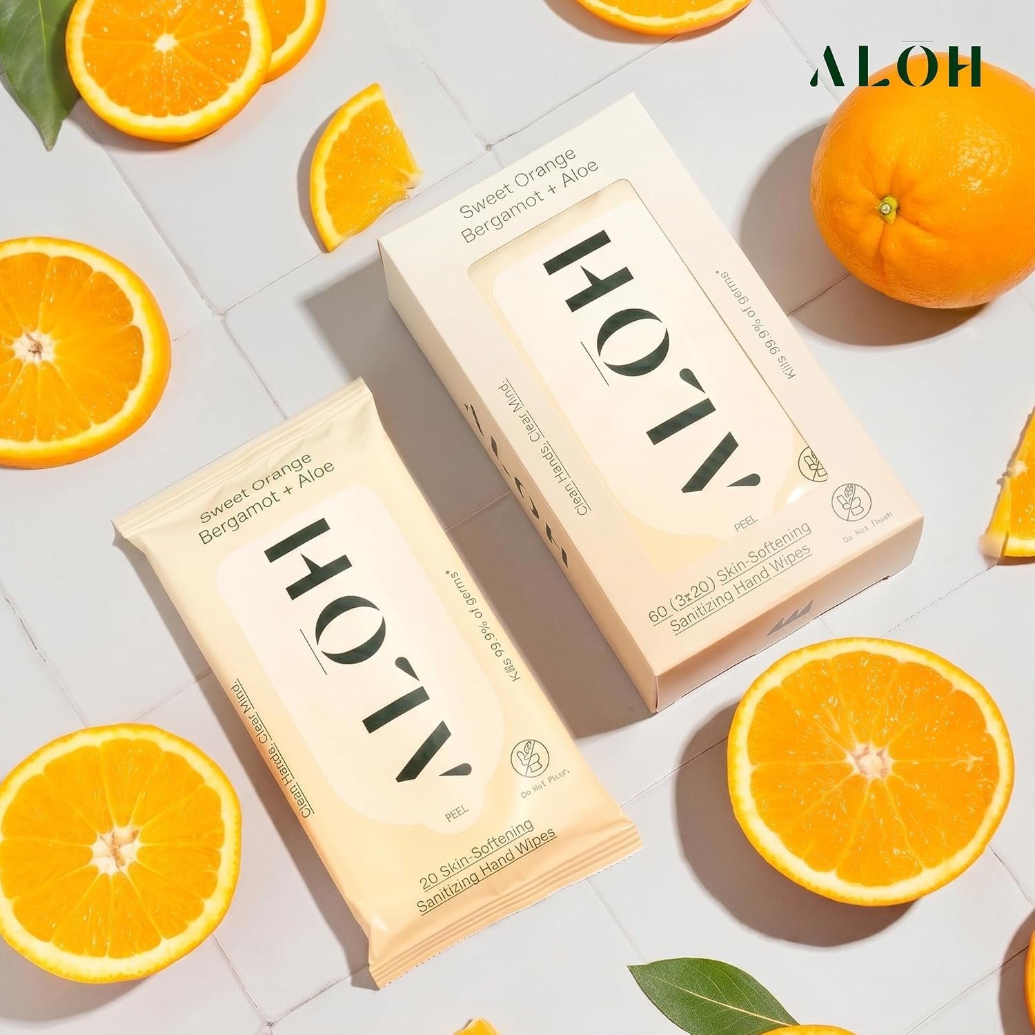ALŌH Sweet Orange Bergamot + Aloe Hand Sanitizer Wipes, Travel Size | Clean Hands, Clear Mind, On The Go for Kids and Adults | Alcohol Free, Moisturizing, Scented | 3 Pack 20ct Wipes (60 wipes) - Image 3
