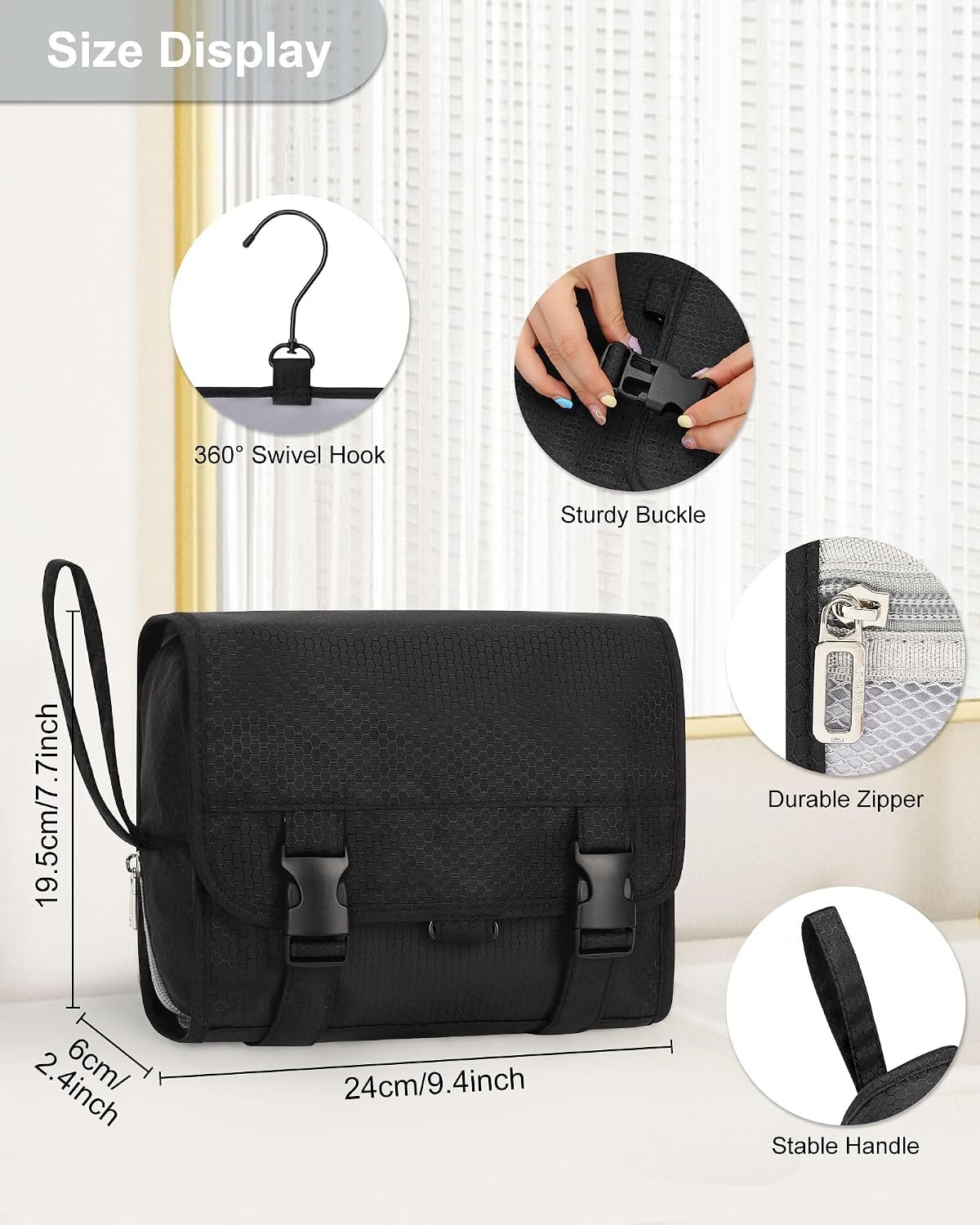 Small Hanging Toiletry Bag for Men and Women, Portable Hanging Organizer | for Travel-Sized Shower Dopp Kit, Makeup Accessories, Waterproof Toiletries Organizer with 3 Compartments for Outdoor - Black - Image 3