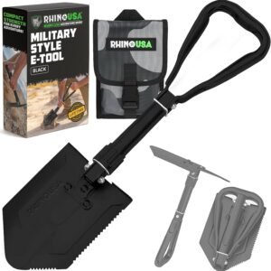 Rhino USA Folding Survival Shovel with Pick - Military Entrenching Tool | Heavy Duty Carbon Steel Folding Tool for Off-Road, Camping, Gardening, Beach. For Dirt, Sand, Mud & Snow Digging. Black