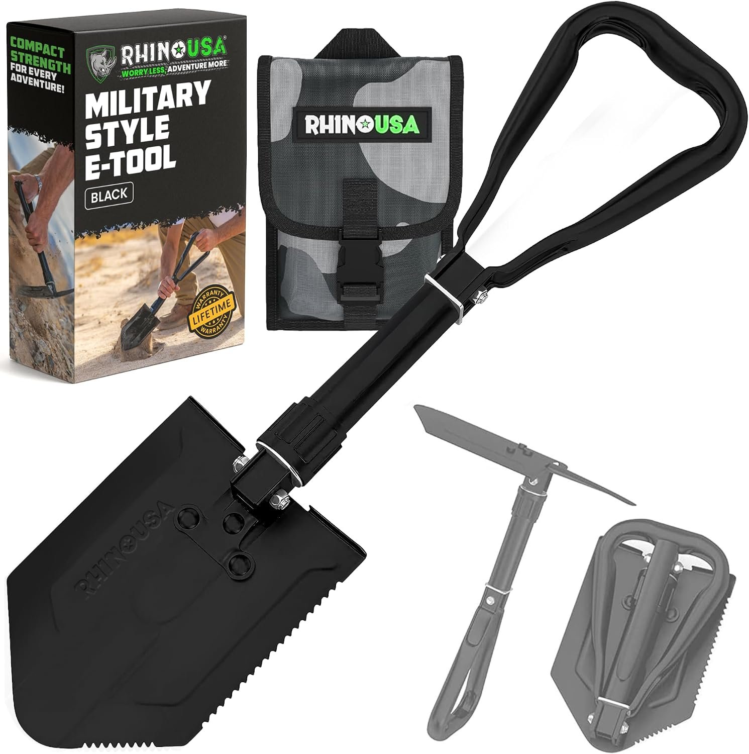 Rhino USA Folding Survival Shovel with Pick - Military Entrenching Tool | Heavy Duty Carbon Steel Folding Tool for Off-Road, Camping, Gardening, Beach. For Dirt, Sand, Mud & Snow Digging. Black